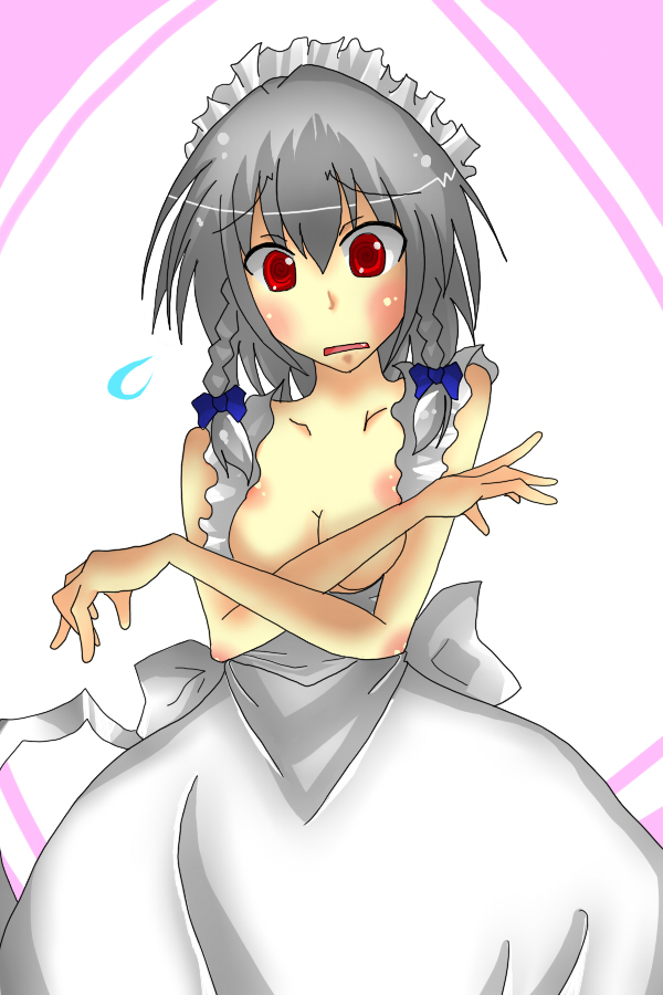 shin-mottie, izayoi sakuya, touhou, 1girl, braid, breasts, female focus, maid, ribbon, short hair, solo, twin braids