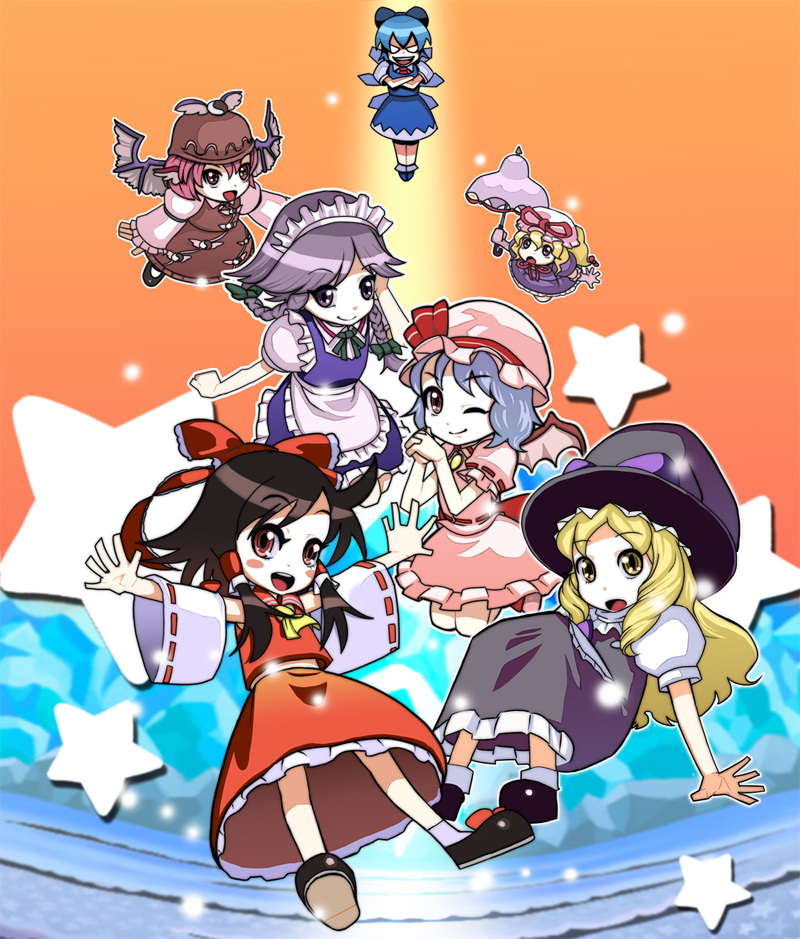 cirno, hakurei reimu, izayoi sakuya, kirisame marisa, mystia lorelei, remilia scarlet, yakumo yukari, touhou, 6+girls, blonde hair, chibi, female focus, light particles, multiple girls, outstretched arms, outstretched hand, star (symbol), wings