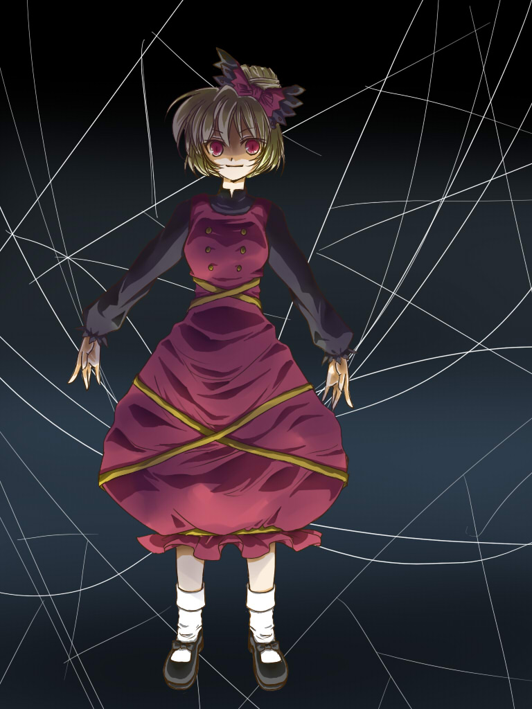 nanase miyuyu, kurodani yamame, touhou, 1girl, black shoes, blonde hair, female focus, ribbon, shoes, short hair, silk, socks, solo, spider web
