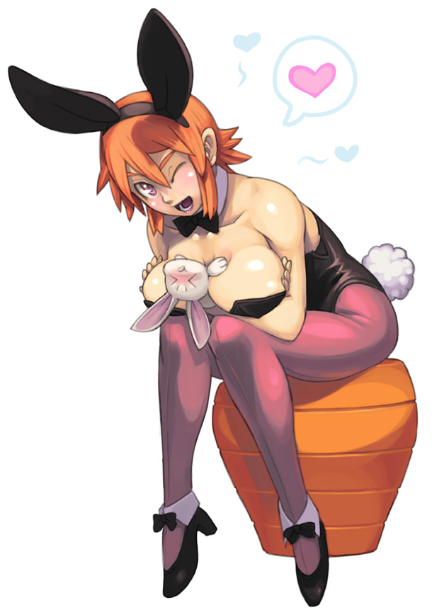 maruta kentarou, 1girl, animal, animal between breasts, animal ears, bare shoulders, between breasts, bow, bowtie, breasts, breasts squeezed together, cleavage, detached collar, fake animal ears, female focus, heart, high heels, large breasts, leotard, one eye closed, open mouth, orange hair, pantyhose, pink eyes, playboy bunny, rabbit, rabbit ears, rabbit tail, red hair, short hair, sitting, solo, tail, wink, x(