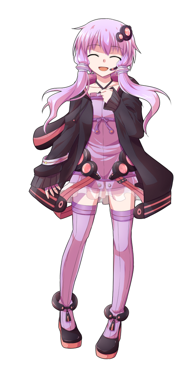 dairi, yuzuki yukari, voiceroid, commentary request, highres, large variant set, variant set, 1girl, :d, ^ ^, black boots, black jacket, boots, breasts, chest ribbon, closed eyes, collarbone, dress, facing viewer, full body, groin, hair tubes, hand up, headset, hood, hood down, hooded jacket, jacket, microdress, open mouth, pinstripe thighhighs, purple dress, purple ribbon, purple thighhighs, ribbon, simple background, sleeves past wrists, small breasts, smile, solo, standing, straight-on, tachi-e, thighhighs, tongue, transparent background, zettai ryouiki