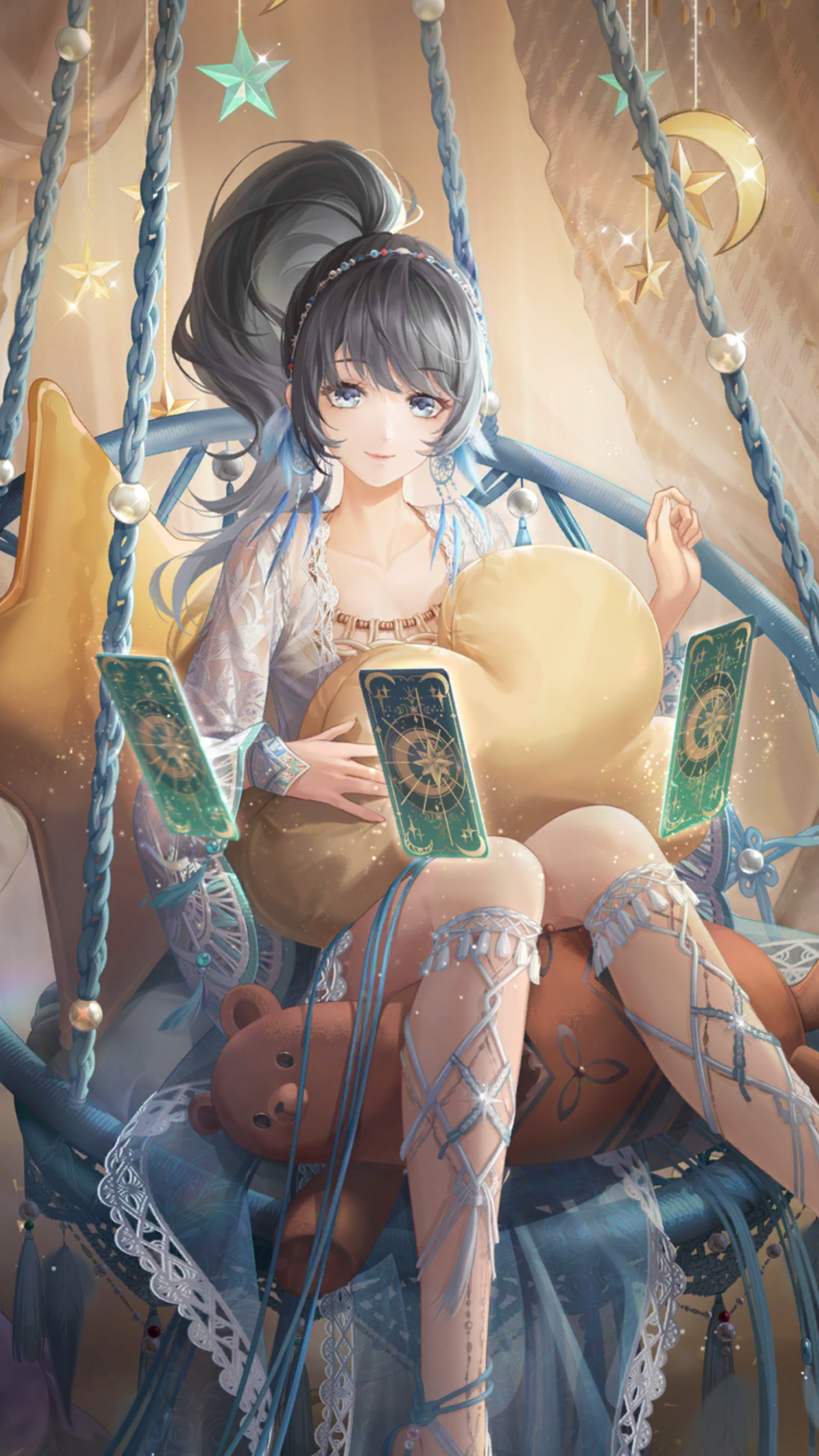 nikki (series), shining nikki, absurdres, artist request, game cg, highres, official art, 1girl, asymmetrical skirt, barefoot sandals (jewelry), beads, black hair, blue eyes, blue skirt, breasts, card, cleavage, closed mouth, cloud, collarbone, crescent, curtains, dreamcatcher, dreamscape starlight (shining nikki), earrings, eyelashes, feather earrings, feathers, feet out of frame, floating card, hair beads, hair ornament, hairband, hammock, happy, high side ponytail, holding, holding pillow, indoors, jacket, jewelry, lace, lace-trimmed jacket, lace-trimmed skirt, lace jacket, lace trim, light particles, lipstick, long hair, long skirt, long sleeves, magic, makeup, on hammock, open clothes, open jacket, pillow, pink lips, pleated skirt, priestess tess (shining nikki), rope, see-through clothes, see-through jacket, see-through sleeves, sitting, skirt, sleeves past wrists, small breasts, smile, solo, sparkle, star-shaped pillow, star (symbol), stuffed animal, stuffed toy, tarot, tarot card, teddy bear, wavy hair, white jacket