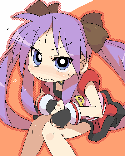 akazutsumi momoko, hiiragi kagami, hyper blossom, katou emiri, lucky star, powerpuff girls, powerpuff girls z, lowres, 1girl, blush, cosplay, embarrassed, female focus, hyper blossom (cosplay), oekaki, solo, voice actor connection