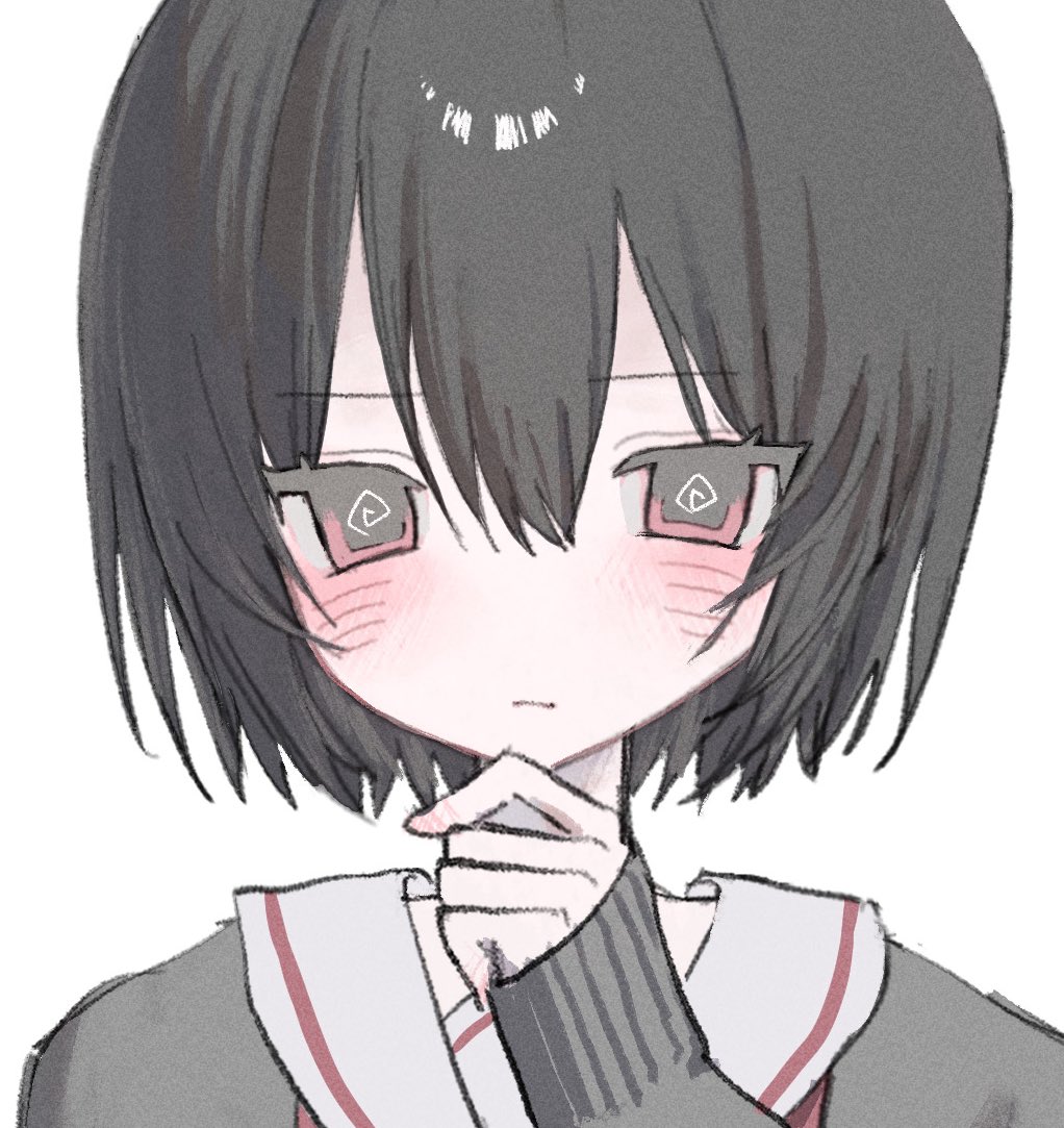 skunfan, original, commentary, symbol-only commentary, 1girl, black hair, black sweater, blush, closed mouth, film grain, hair between eyes, hand up, long sleeves, looking at viewer, portrait, red eyes, sailor collar, short hair, simple background, sleeves past wrists, solo, sweater, white background, white sailor collar