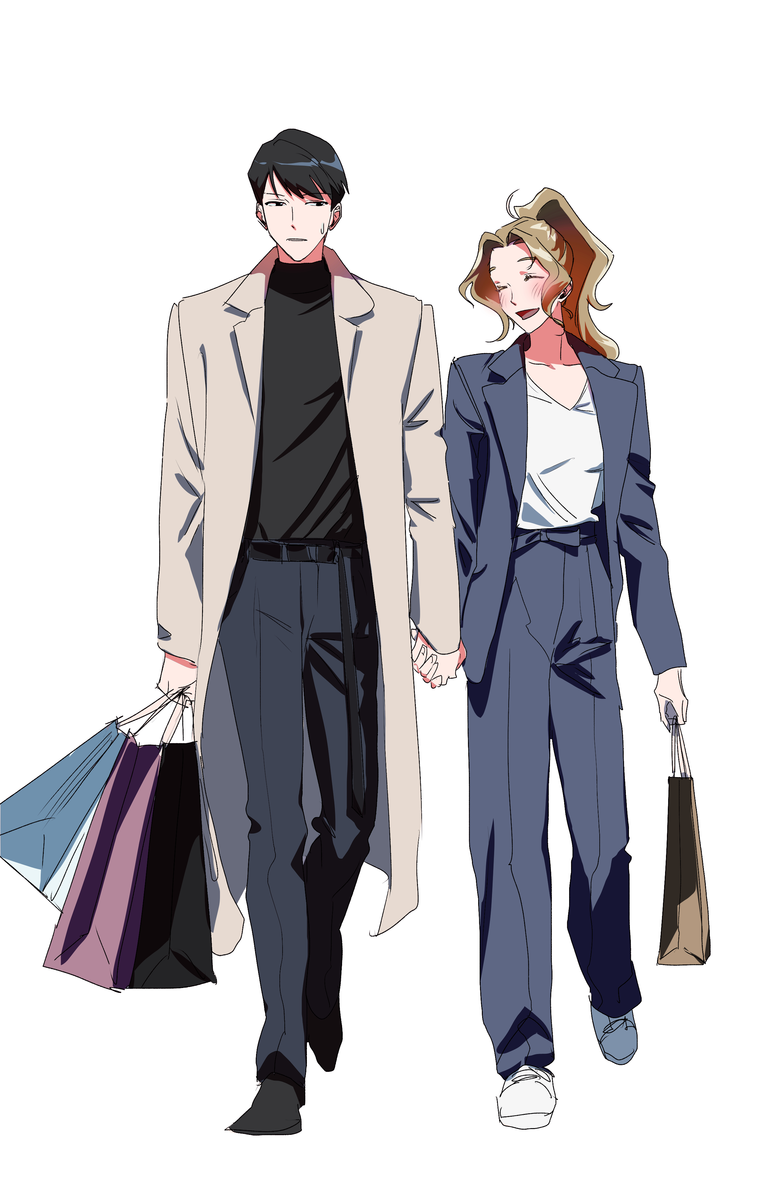kim dokja, shin yoosung, omniscient reader's viewpoint, absurdres, highres, 1boy, 1girl, bag, belt, black eyes, black hair, black shirt, blonde hair, blouse, blue coat, coat, colored inner hair, denim, eyesoffyou0003, full body, high ponytail, holding, holding bag, holding hands, jeans, looking at another, multicolored hair, open clothes, open coat, pants, ponytail, popped collar, shirt, shopping bag, short hair, sidelocks, sweat, walking, white coat
