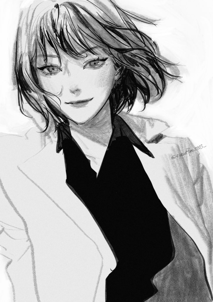 han sooyoung, omniscient reader's viewpoint, 1girl, black eyes, black hair, black shirt, bob cut, coat, collared shirt, eyesoffyou0003, hair flowing over, looking at viewer, open clothes, open coat, popped collar, shirt, short hair, smile, solo, upper body, white coat