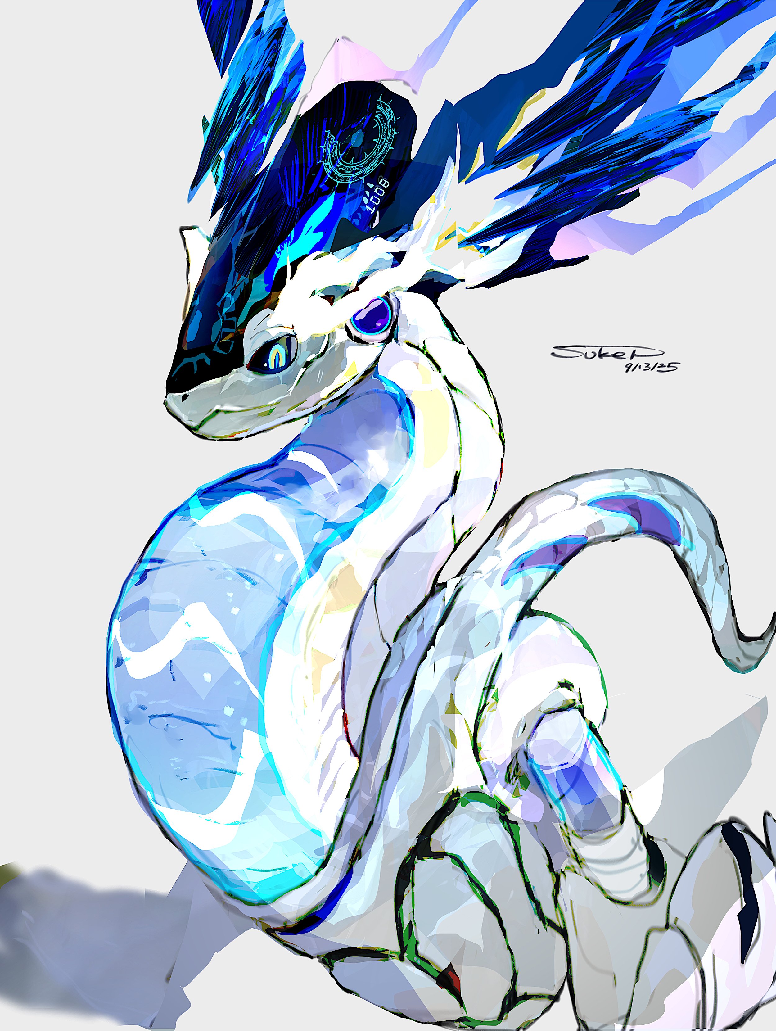 sukepmonster, miraidon, nintendo, pokemon, absurdres, highres, alternate color, black sclera, blue eyes, colored sclera, dated, no humans, pokemon (creature), pokemon focus, shiny pokemon, signature, slit pupils, white background