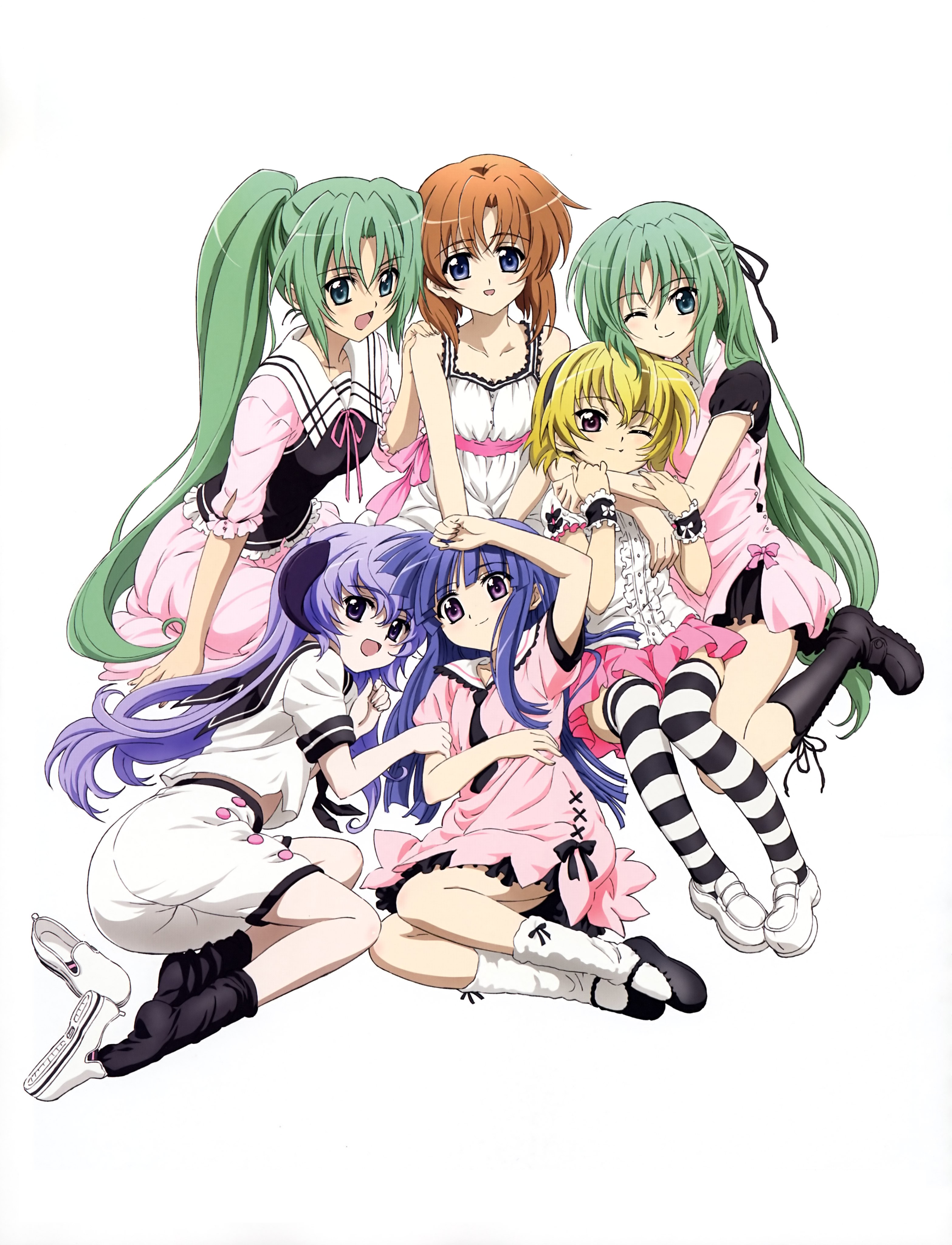 sakai kyuuta, furude rika, hanyuu, houjou satoko, ryuuguu rena, sonozaki mion, sonozaki shion, higurashi no naku koro ni, striped legwear, absurdres, highres, official art, 00s, 6+girls, blonde hair, blue eyes, blue hair, bow, brown eyes, brown hair, dress, frills, green eyes, green hair, hair ornament, hairband, half updo, happy, horns, hug, kneehighs, long hair, lying, mary janes, miniskirt, multiple girls, necktie, one eye closed, open mouth, orange hair, pantyhose, ponytail, purple eyes, purple hair, ribbon, shoes, short hair, siblings, sisters, skirt, sleeveless, smile, socks, striped clothes, striped pantyhose, thighhighs, twins, very long hair, white background, wink