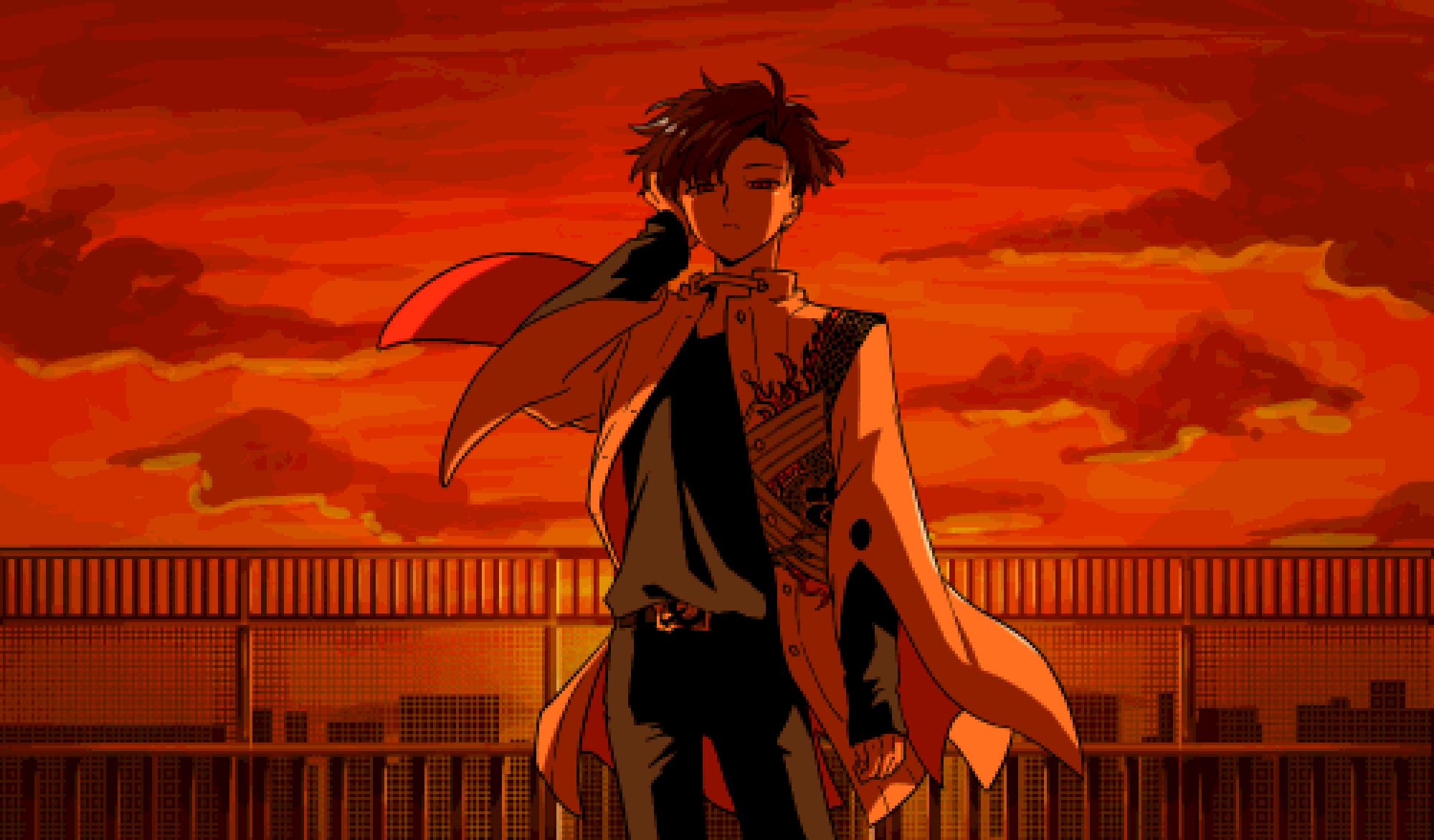 kimidorix32, takasugi shinsaku (fate), takasugi shinsaku (first ascension) (fate), fate/grand order, fate (series), sayonara wo oshiete, commentary, highres, symbol-only commentary, 1boy, arm at side, belt, belt buckle, black pants, buckle, closed mouth, cloud, cloudy sky, fence, frown, hand up, looking at viewer, male focus, orange sky, pants, parody, short hair, sky, solo