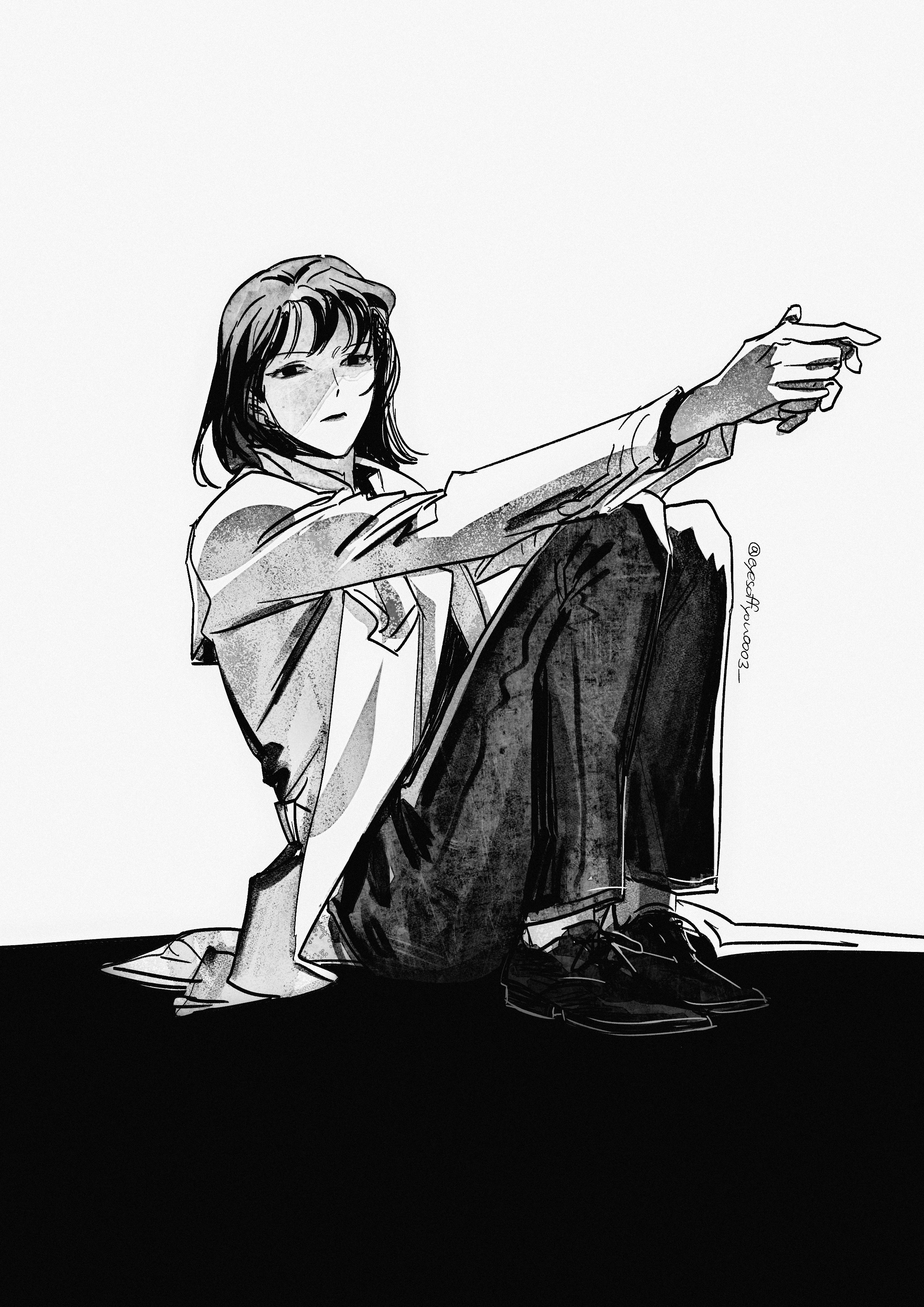 han sooyoung, omniscient reader's viewpoint, absurdres, highres, 1girl, black hair, bob cut, coat, eyesoffyou0003, full body, greyscale, head tilt, holding own hand, knees up, looking at viewer, monochrome, on ground, open clothes, open coat, outstretched arms, short hair, sitting, solo, white coat