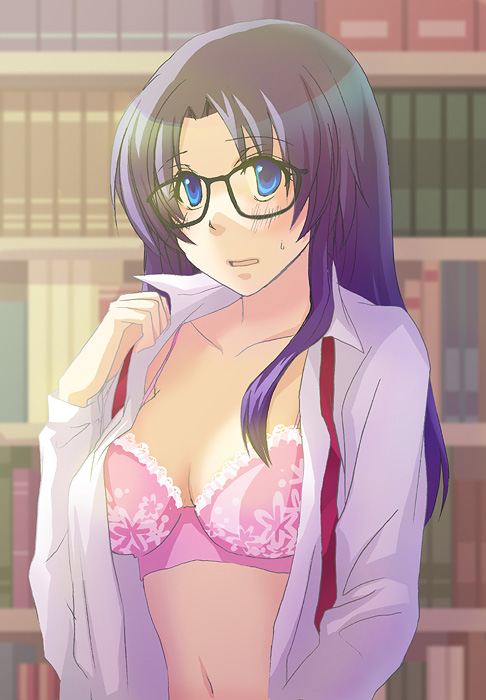 yomiko readman, read or die, 00s, 1girl, blue eyes, blush, bra, female focus, glasses, lingerie, open clothes, open shirt, shirt, solo, underwear