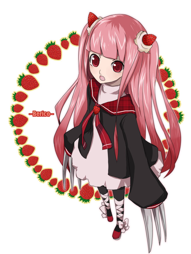 karasuya yuma, claws, cream, food, food-themed clothes, fruit, long hair, pink hair, red eyes, solo, strawberry