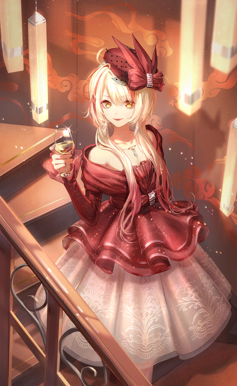 nikki (series), shining nikki, artist request, game cg, highres, official art, 1girl, alcohol, bare shoulders, beret, black veil, bow, breasts, cleavage, closed mouth, colored tips, cup, detached sleeves, dress, drink, drinking glass, eyelashes, feet out of frame, fishnet veil, fishnets, formal clothes, frilled sleeves, frills, hair between eyes, happy, hat, hat bow, hat feather, holding, holding drink, jewelry, lantern, layered dress, light particles, lipstick, long hair, long sidelocks, long sleeves, looking at viewer, makeup, medium dress, midnight neon (shining nikki), multicolored hair, necklace, off-shoulder dress, off shoulder, pleated dress, polka dot, polka dot veil, railing, red bow, red dress, red hair, red hat, red lips, red sleeves, short sleeves, sidelocks, sleeves past wrists, smile, solo, stairs, streaked hair, striped bow, two-tone hair, veil, vermillion snow, waist bow, walking, white dress, white hair, wine, wine glass, xiangyun, yellow eyes