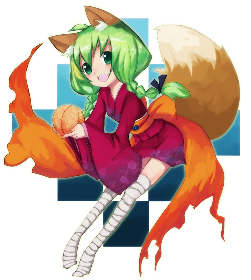 karasuya yuma, saitou kon, animal ears, bandages, braid, fox ears, fox tail, green eyes, green hair, solo, tail, twin braids