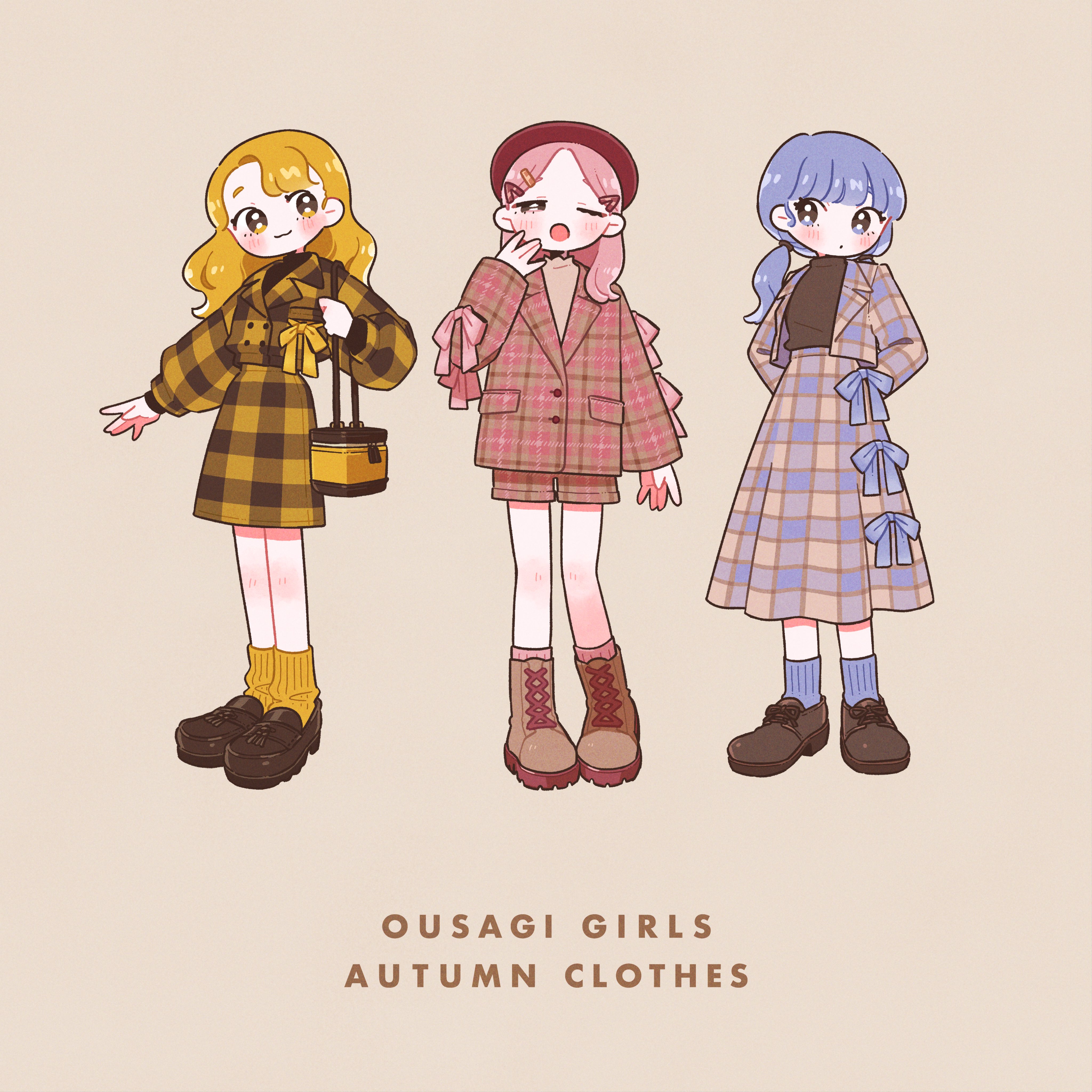 keke (kotowari), original, absurdres, commentary, highres, symbol-only commentary, 3girls, :3, arms behind back, bag, black shoes, black sweater, blonde hair, blue eyes, blue hair, blue jacket, blue ribbon, blue skirt, blue socks, blush, boots, brown boots, brown jacket, brown shorts, closed mouth, english text, expressionless, full body, grey background, hair ornament, hairclip, hat, jacket, lace-up boots, lapels, long hair, long skirt, long sleeves, multiple girls, notched lapels, open mouth, parted lips, pink eyes, pink hair, pink ribbon, pink socks, plaid clothes, plaid jacket, plaid skirt, red hat, ribbed socks, ribbon, shoes, shorts, shoulder bag, simple background, skirt, smile, socks, sweater, turtleneck, turtleneck sweater, twintails, yellow bag, yellow eyes, yellow jacket, yellow ribbon, yellow skirt, yellow socks
