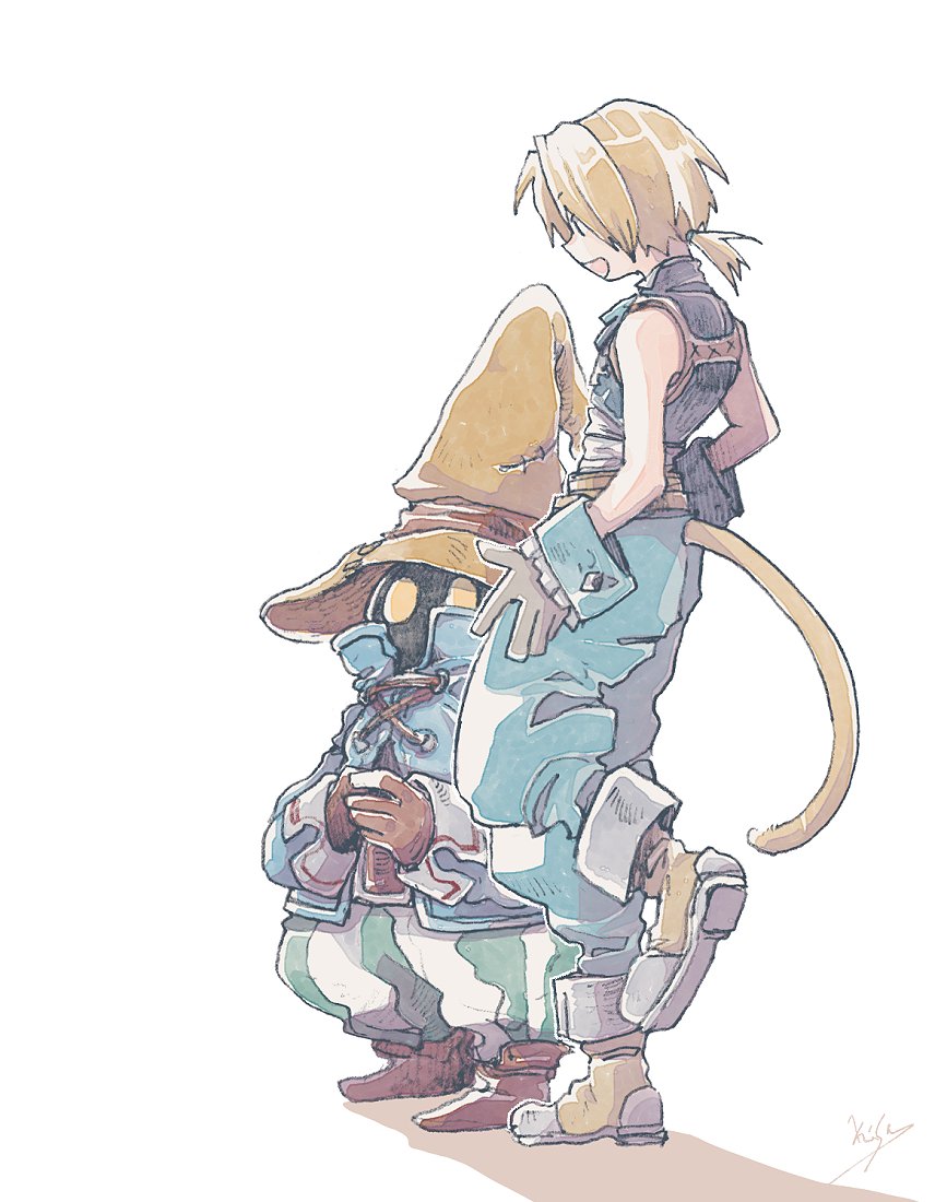 michibata 65, black mage (final fantasy), vivi ornitier, zidane tribal, final fantasy, final fantasy ix, 2boys, artist name, bare shoulders, belt, blonde hair, blue coat, blue pants, blue wrist cuffs, boots, brown belt, brown boots, brown gloves, cat tail, coat, cropped vest, full body, gloves, grey gloves, hair tie, hat, low ponytail, male focus, multiple boys, open mouth, pants, ponytail, shirt, short hair, sleeveless, sleeveless shirt, smile, standing, striped clothes, striped pants, tail, vest, white background, white shirt, wizard hat, wrist cuffs, yellow eyes