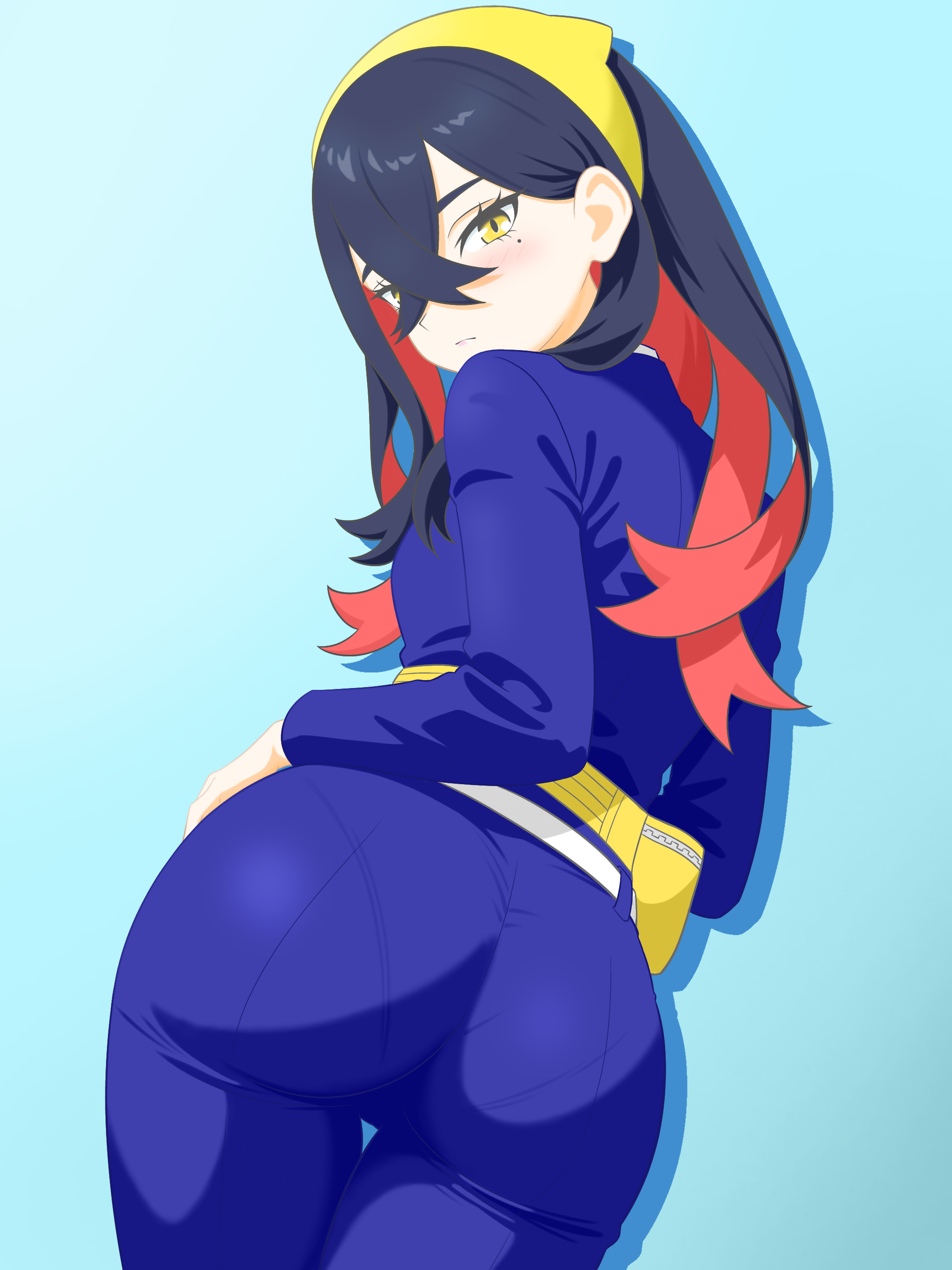 majikichi915, carmine (pokemon), nintendo, pokemon, pokemon sv, absurdres, highres, ass, ass focus, black hair, blue background, blue jacket, blue pants, blueberry academy school uniform, blush, closed mouth, colored inner hair, crossed bangs, fanny pack, from behind, hair between eyes, hairband, jacket, long hair, long sleeves, looking at viewer, looking back, mole, mole under eye, multicolored hair, pants, red hair, school uniform, two-tone hair, yellow eyes, yellow hairband