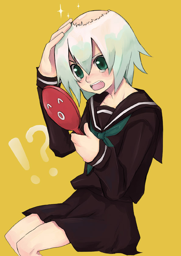 karasuya yuma, penko, bald female, bald, mirror, school uniform, serafuku, solo, tears