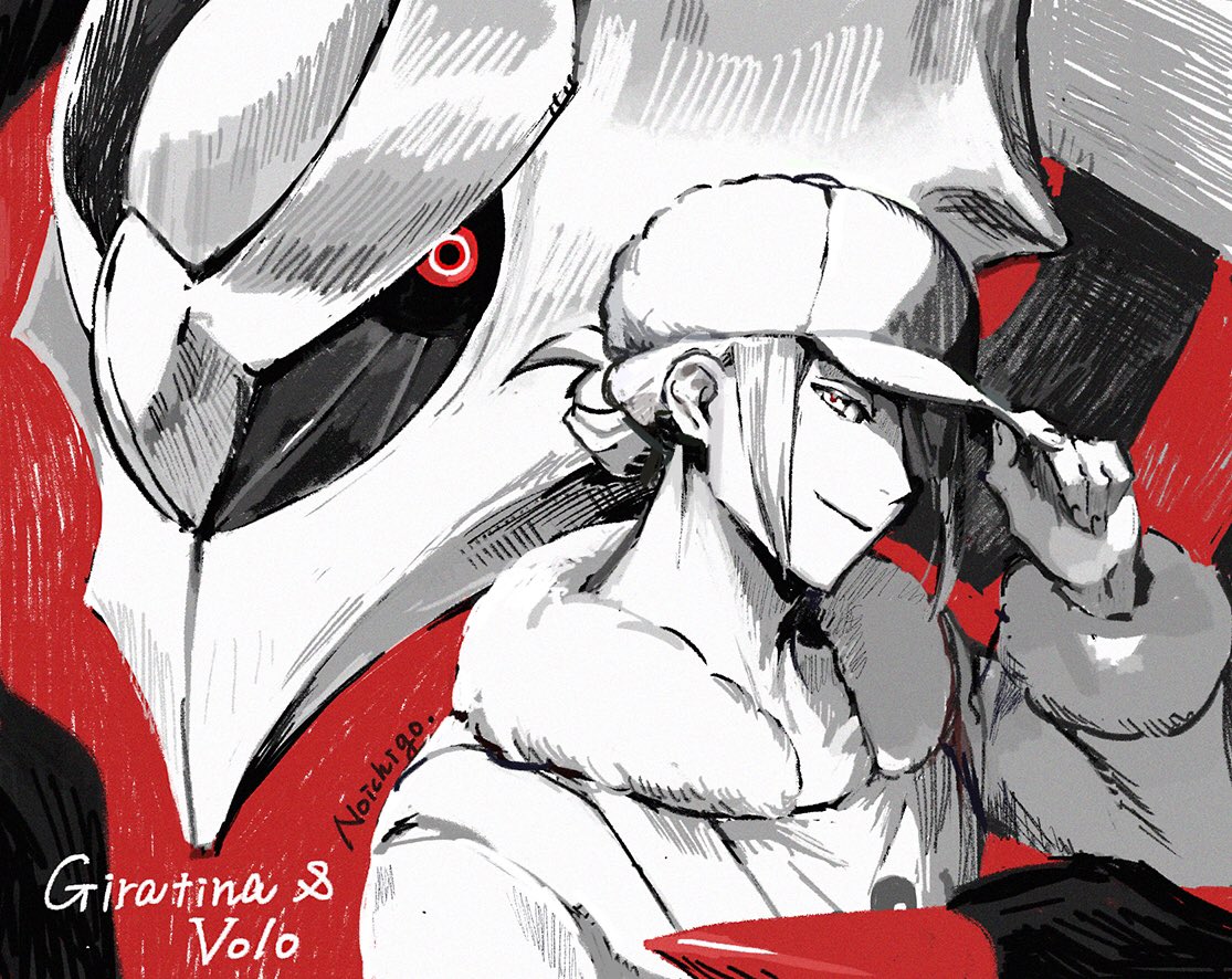 no ichigo, giratina, volo (pokemon), nintendo, pokemon, pokemon legends: arceus, 1boy, adjusting clothes, adjusting headwear, arm up, closed mouth, english text, fur-trimmed collar, fur-trimmed sleeves, fur trim, gen 4 pokemon, ginkgo guild uniform, greyscale with colored background, hair bun, hat, legendary pokemon, long sleeves, looking at viewer, male focus, newsboy cap, pokemon (creature), red eyes, ringed eyes, single hair bun, twitter username