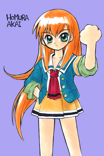 izuna yoshitsune, akai homura, konami, tokimeki memorial, tokimeki memorial 2, archived source, bad link, lowres, traditional media, armband, blouse, blue jacket, blue sleeves, blush, buttons, character name, clenched hand, closed mouth, collarbone, collared shirt, english text, facing viewer, frown, gold buttons, green eyes, green sleeve cuffs, hair behind ear, hair between eyes, hibikino high school uniform, jacket, legs apart, looking at viewer, miniskirt, neckerchief, open clothes, open jacket, orange hair, pleated skirt, pocket, purple background, red neckerchief, sailor collar, school uniform, shirt, skirt, sleeves rolled up, standing, straight hair, striped clothes, vertical-striped clothes, white sailor collar, yellow armband, yellow skirt