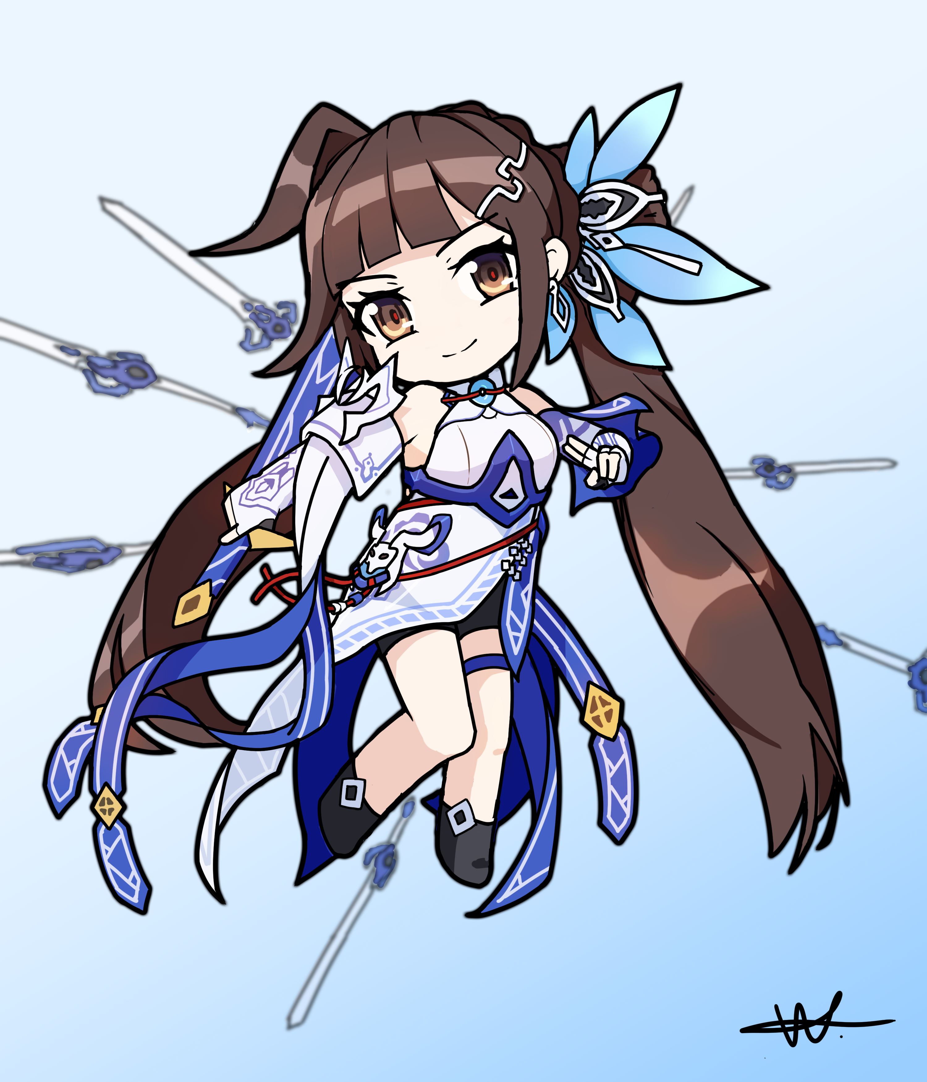 shuni valentine, li sushang, li sushang (jade knight), honkai (series), honkai impact 3rd, absurdres, commentary, highres, 1girl, bare shoulders, breasts, brown eyes, brown hair, china dress, chinese clothes, closed mouth, dress, fingerless gloves, full body, gloves, hair ornament, long hair, looking at viewer, signature, smile, solo, white dress, white gloves