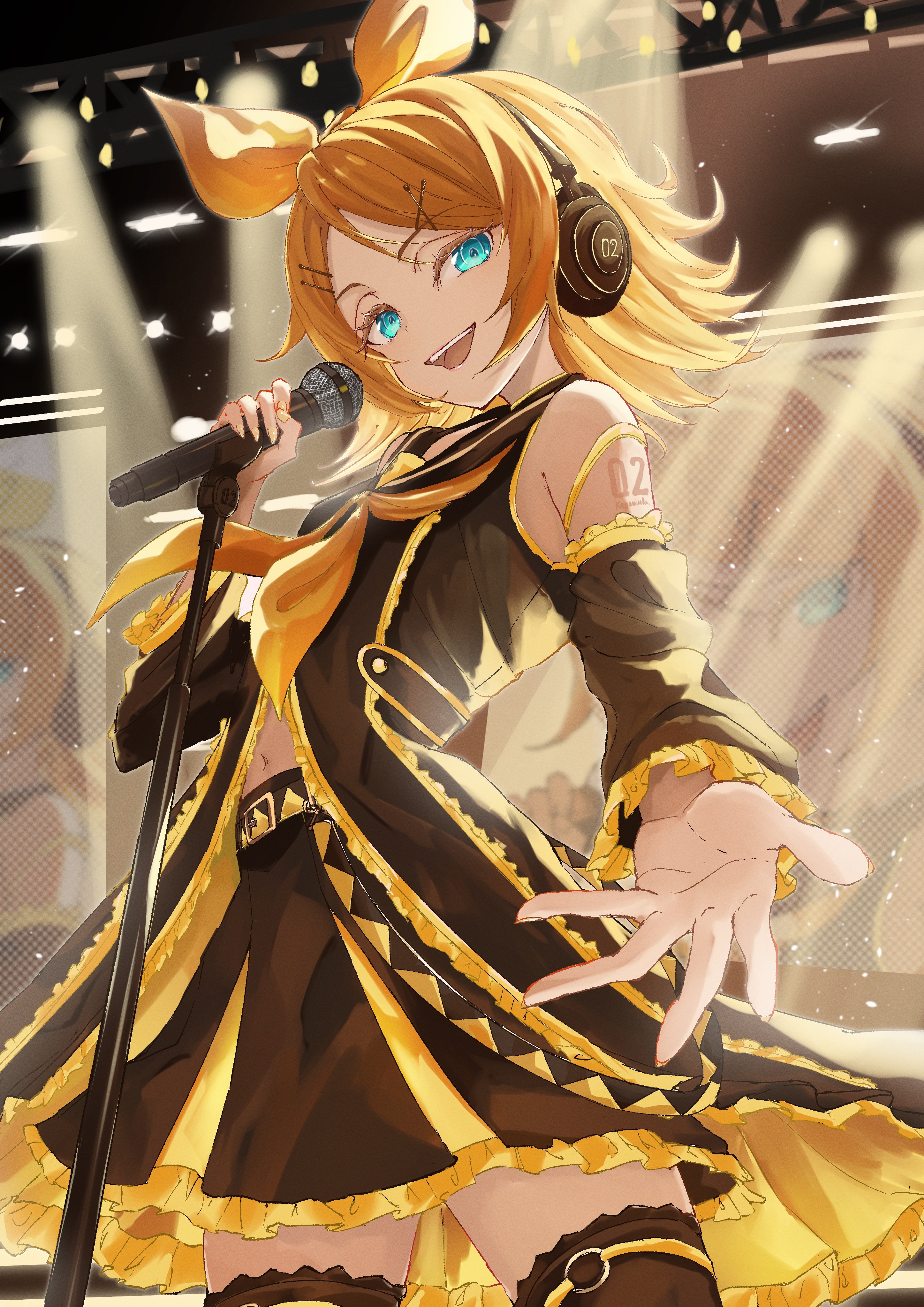 no renor en, kagamine rin, vocaloid, absurdres, commentary, highres, 1girl, aqua eyes, arm tattoo, belt, black coat, black skirt, black sleeves, black thighhighs, blonde hair, bow, coat, colored eyelashes, cowboy shot, detached sleeves, eyelashes, frilled coat, frilled skirt, frilled sleeves, frills, gold trim, hair bow, hair ornament, hairclip, headphones, holding, holding microphone, light particles, medium hair, microphone, microphone stand, miniskirt, navel, neckerchief, open mouth, pleated skirt, reaching, reaching towards viewer, sailor collar, skirt, sleeveless, sleeveless coat, smile, solo, tattoo, teeth, thighhighs, upper teeth only, x hair ornament, yellow belt, yellow bow, yellow nails, yellow neckerchief