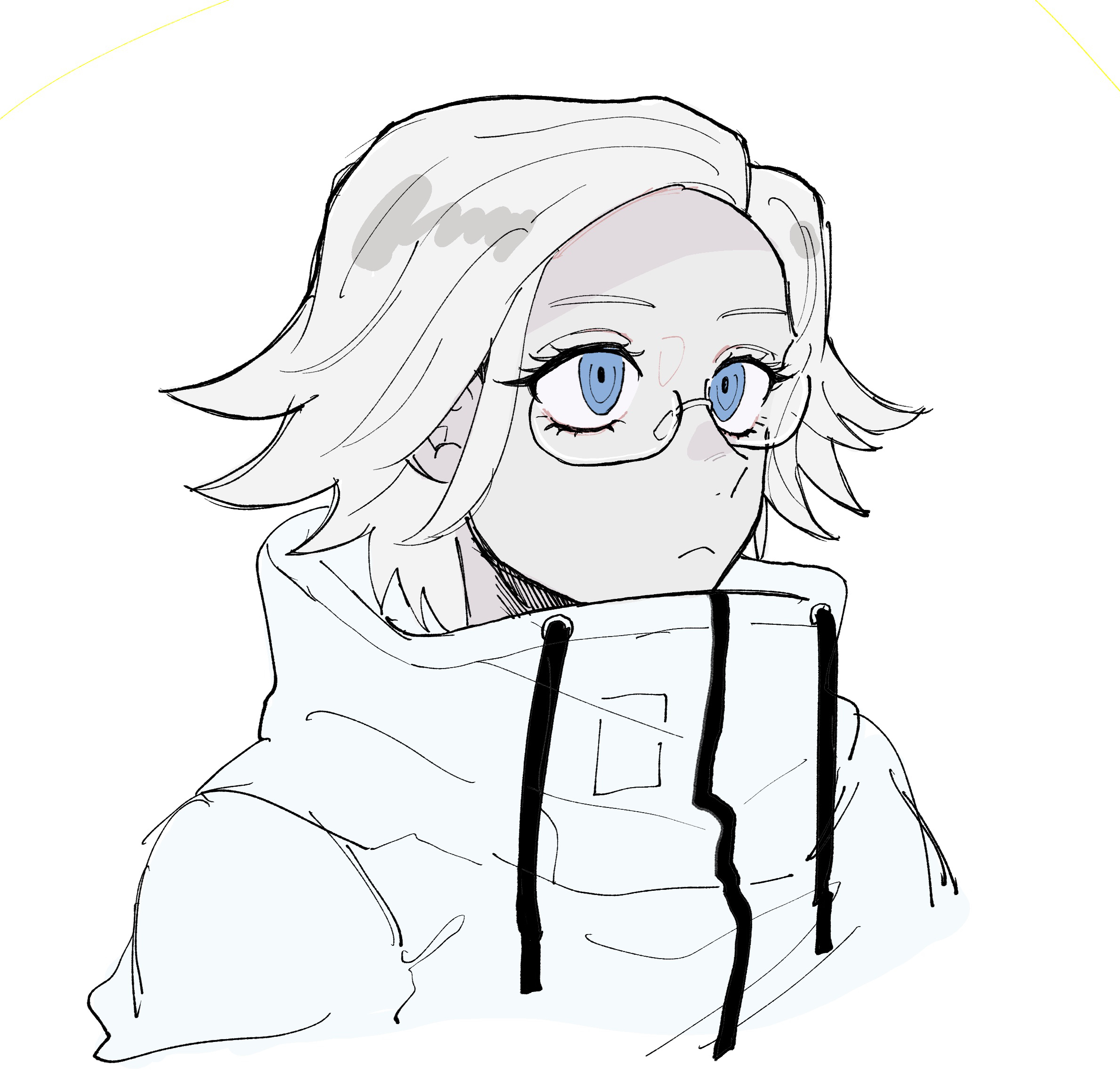 muro (nrvc5252), aotsuki eito, the hundred line -last defense academy-, highres, 1boy, blue eyes, cropped torso, drawstring, glasses, grey hair, jacket, looking ahead, male focus, short hair, simple background, sketch, solo, white background, white jacket