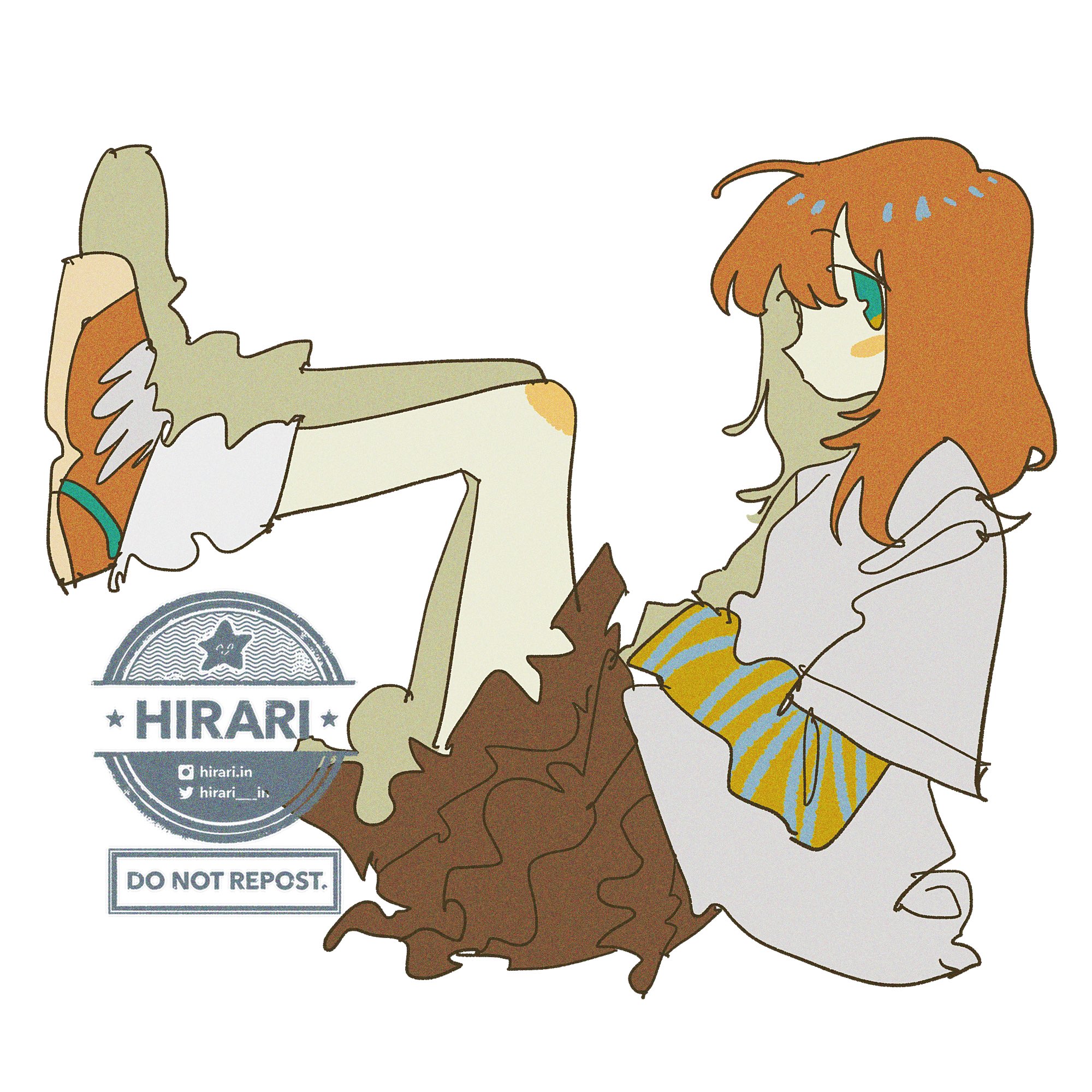 hirari in, original, highres, 1girl, blush stickers, brown skirt, closed mouth, film grain, from side, full body, green eyes, layered skirt, layered sleeves, long hair, long sleeves, no sclera, orange hair, orange shoes, shirt, shoes, short over long sleeves, short sleeves, simple background, sitting, skirt, sneakers, socks, solo, tareme, watermark, white background, white shirt, white socks