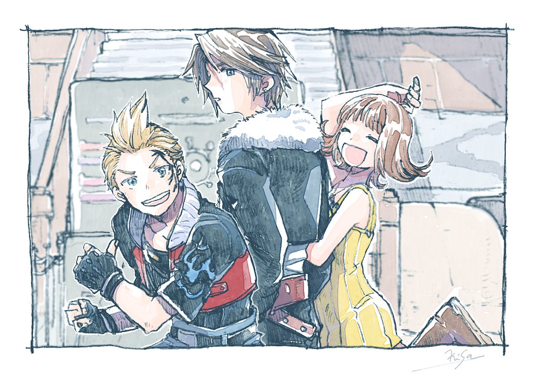 michibata 65, selphie tilmitt, squall leonhart, zell dincht, final fantasy, final fantasy viii, 1girl, 2boys, arm behind head, artist name, bare shoulders, belt, black gloves, black jacket, black shirt, blonde hair, blue eyes, blurry, blurry background, boots, border, brown belt, brown boots, brown hair, closed eyes, cropped jacket, facial tattoo, fingerless gloves, fur-trimmed jacket, fur trim, gloves, holding another's arm, jacket, long sleeves, looking at viewer, multiple boys, open mouth, overalls, parted bangs, parted lips, scar, scar on face, scar on forehead, shirt, short hair, short sleeves, smile, spiked hair, tattoo, white border, white shirt, yellow overalls