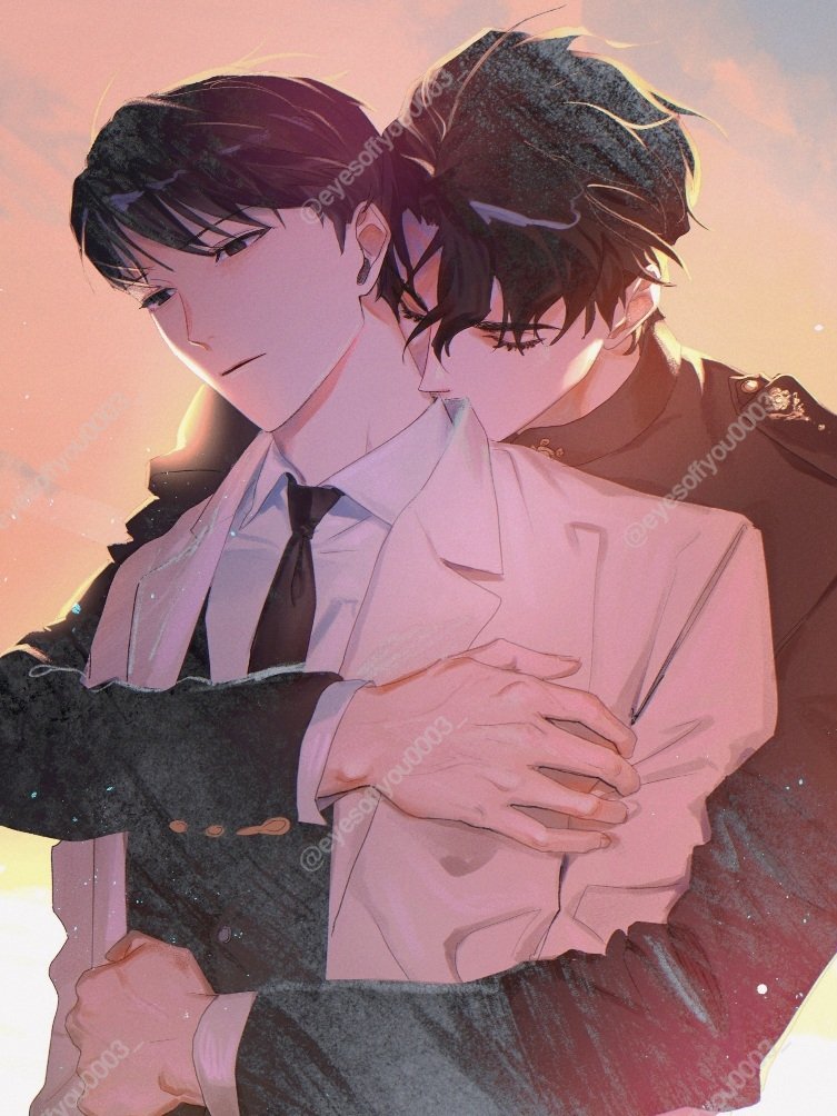 kim dokja, yoo joonghyuk, omniscient reader's viewpoint, 2boys, black coat, black hair, black necktie, black vest, blank stare, chin rest, closed eyes, coat, collared shirt, exhausted, eyesoffyou0003, hair between eyes, head on head, head rest, hug, hug from behind, multiple boys, necktie, shirt, short hair, upper body, vest, white coat, white shirt, yaoi