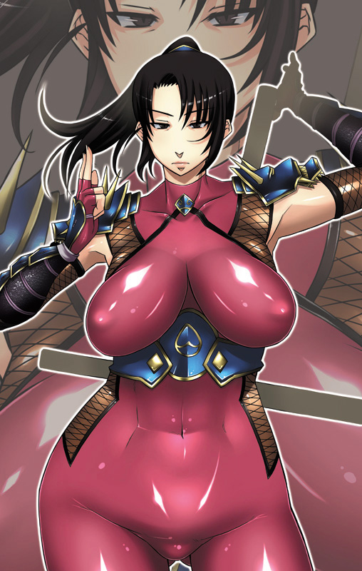 enoshima iki, taki (soulcalibur), soul calibur, soulcalibur, soulcalibur iv, 1girl, abs, armor, ass, black eyes, black hair, bodysuit, breasts, covered erect nipples, elbow gloves, female focus, fishnets, gloves, hip focus, huge breasts, impossible clothes, impossible shirt, latex, navel, ninja, nipples, ponytail, shiny clothes, shirt, solo, sword, thighs, weapon, wide hips, zoom layer