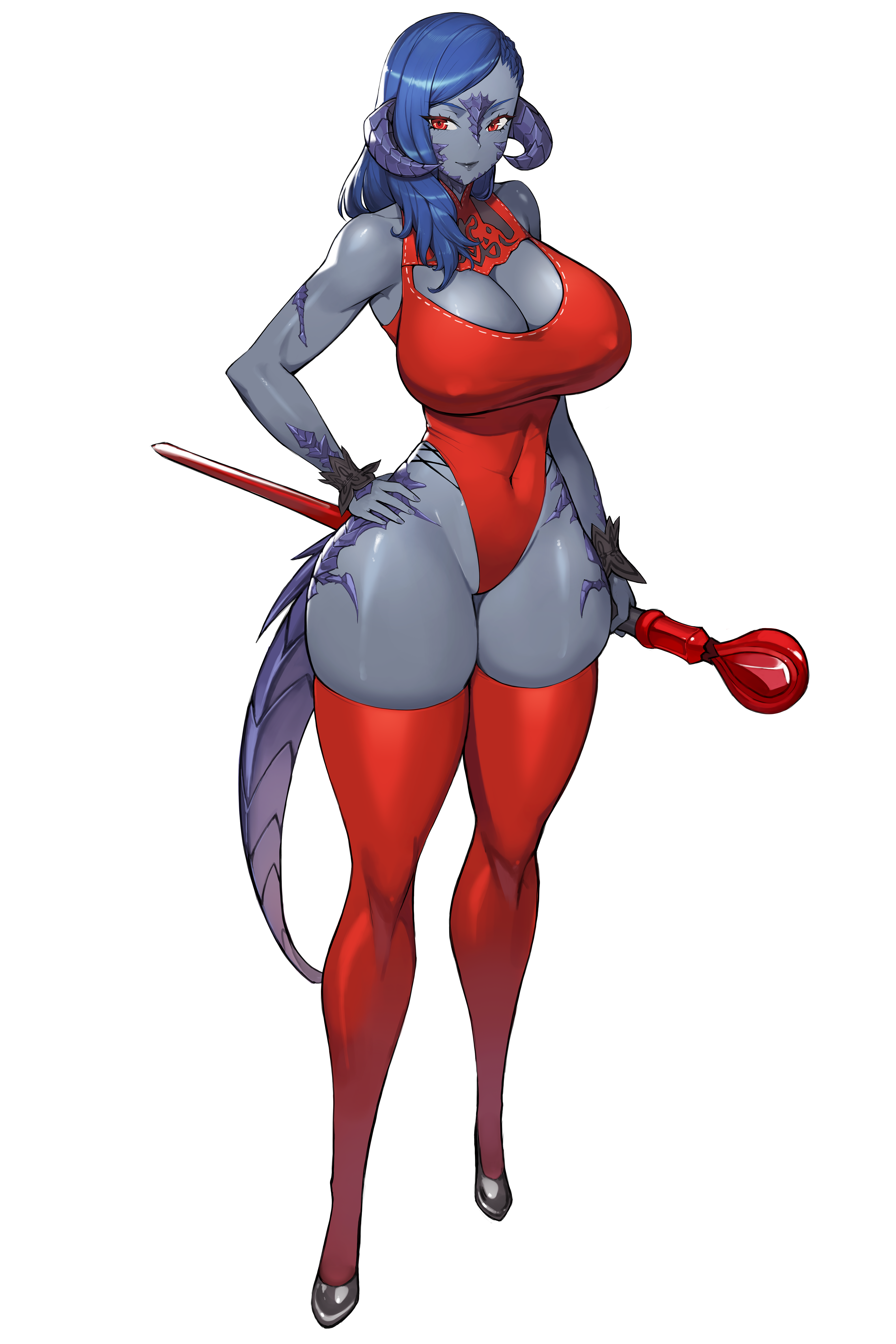 gurimjang, warrior of light (ff14), final fantasy, final fantasy xiv, absurdres, commission, highres, pixiv commission, 1girl, armpits, au ra, blue hair, breasts, cane, cleavage, cleavage cutout, closed mouth, clothing cutout, colored skin, covered erect nipples, covered navel, dragon horns, dragon tail, full body, grey skin, groin, hand on own hip, holding, holding cane, horns, large breasts, leotard, lipstick, looking at viewer, makeup, medium hair, orange eyes, orange leotard, orange thighhighs, scales, simple background, smile, solo, tail, thighhighs, toned, toned female, white background, wide hips