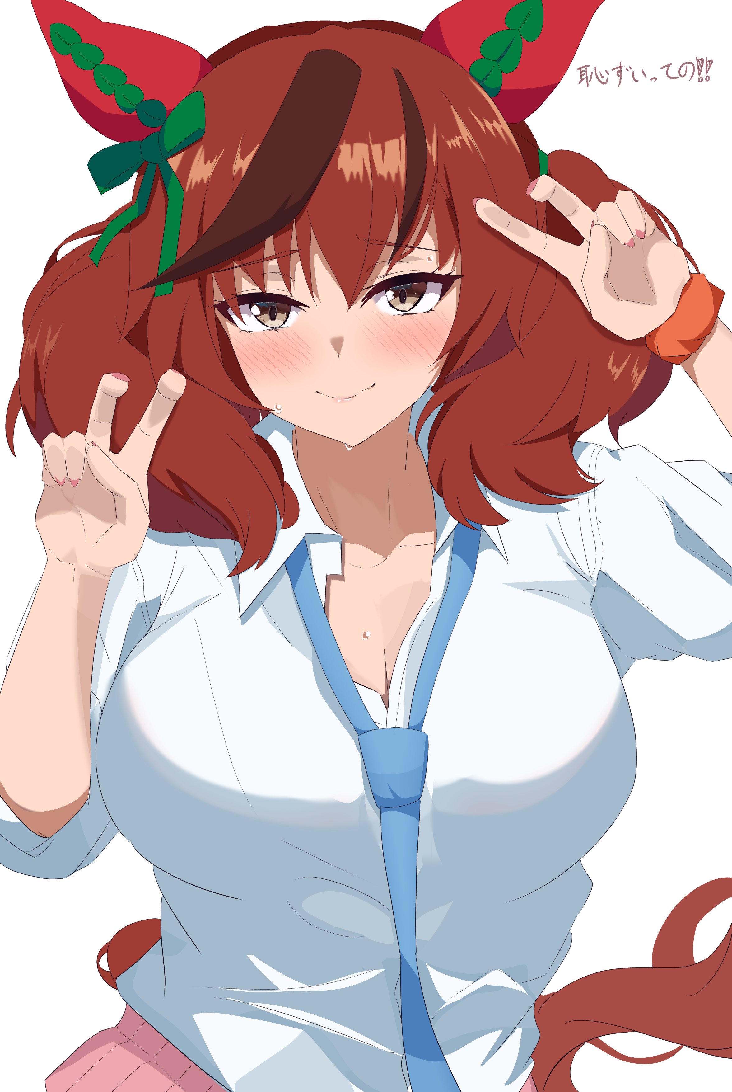 ekazawa sdvx, nice nature (umamusume), umamusume, absurdres, highres, 1girl, animal ears, blue necktie, blush, brown eyes, brown hair, closed mouth, double v, ear covers, horse ears, horse girl, horse tail, long hair, looking at viewer, necktie, nervous smile, pink nails, pink skirt, shirt, skirt, smile, solo, sweatdrop, tail, twintails, v, white shirt