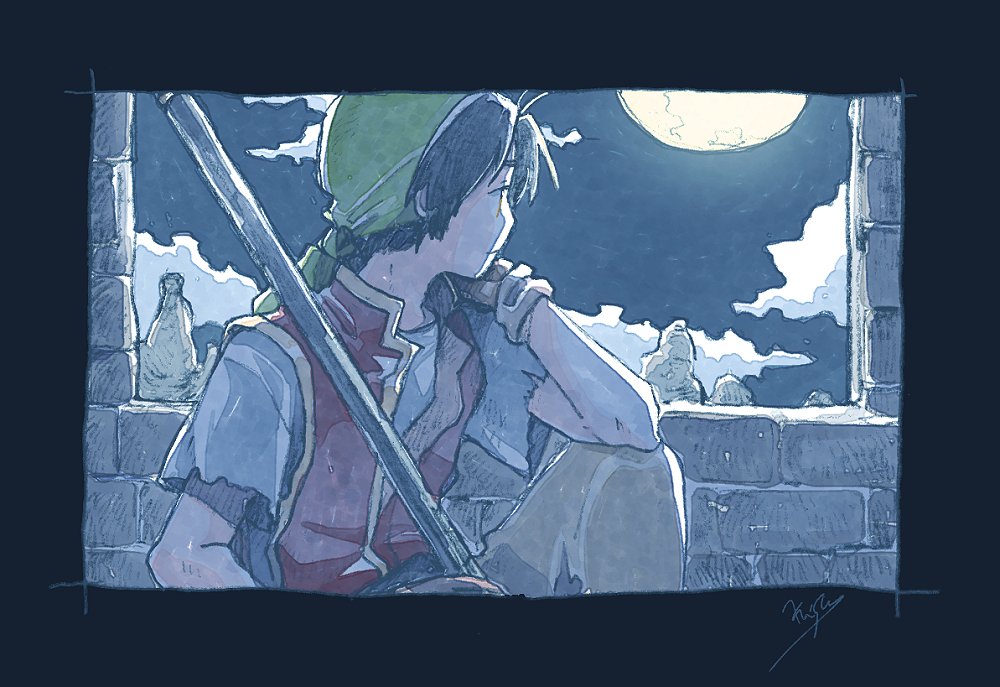 michibata 65, tir mcdohl, gensou suikoden, gensou suikoden i, 1boy, antenna hair, artist name, bandana, black border, black hair, border, brick wall, brown gloves, brown pants, cloud, cloudy sky, full body, gloves, green bandana, head on hand, holding, holding staff, male focus, night, night sky, pants, red tunic, shirt, short hair, sitting, sky, solo, staff, torn clothes, torn sleeves, tunic, white shirt, window