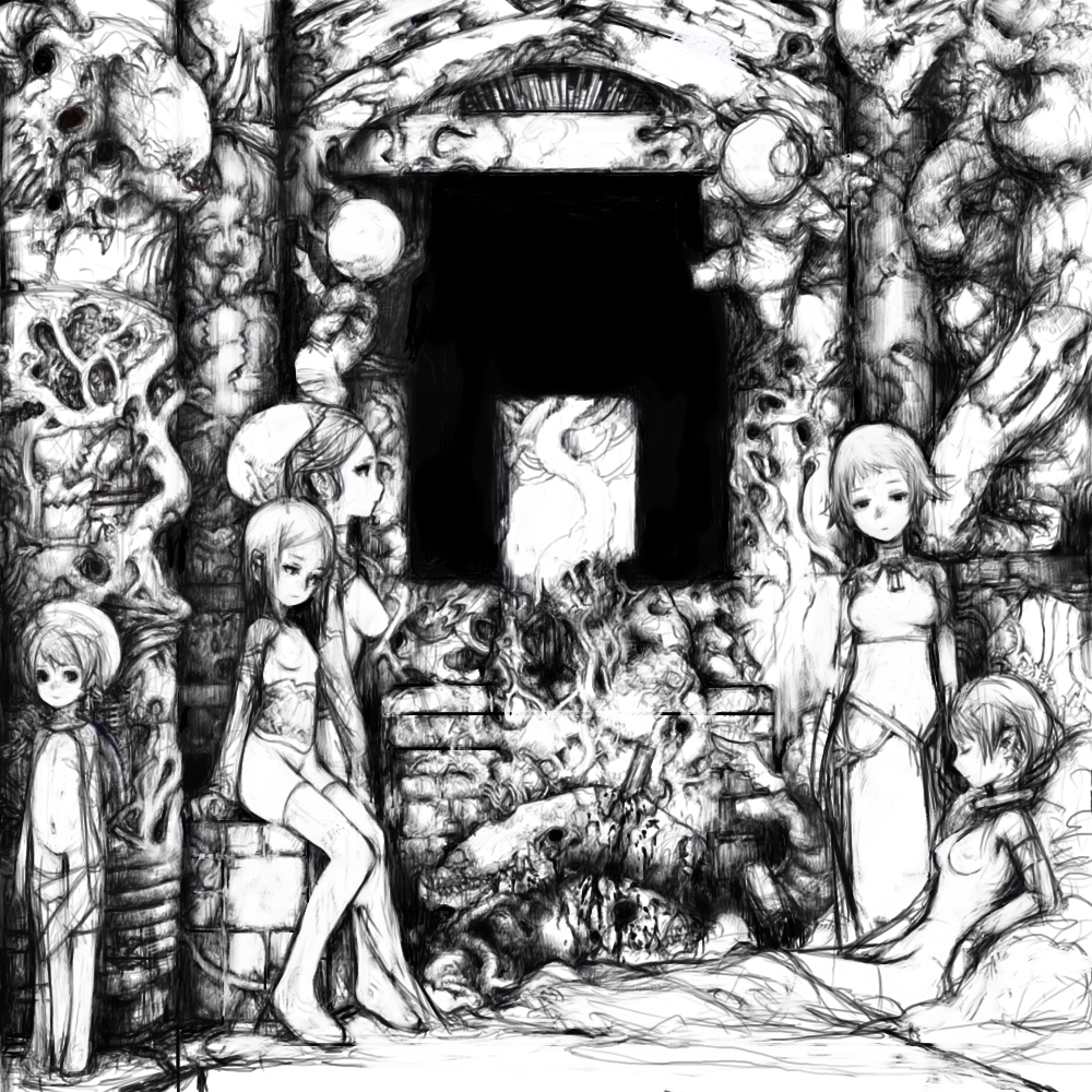 pon (tab rasa), tab rasa, original, 5girls, greyscale, lying, monochrome, multiple girls, nude, ruins, sitting, thighhighs