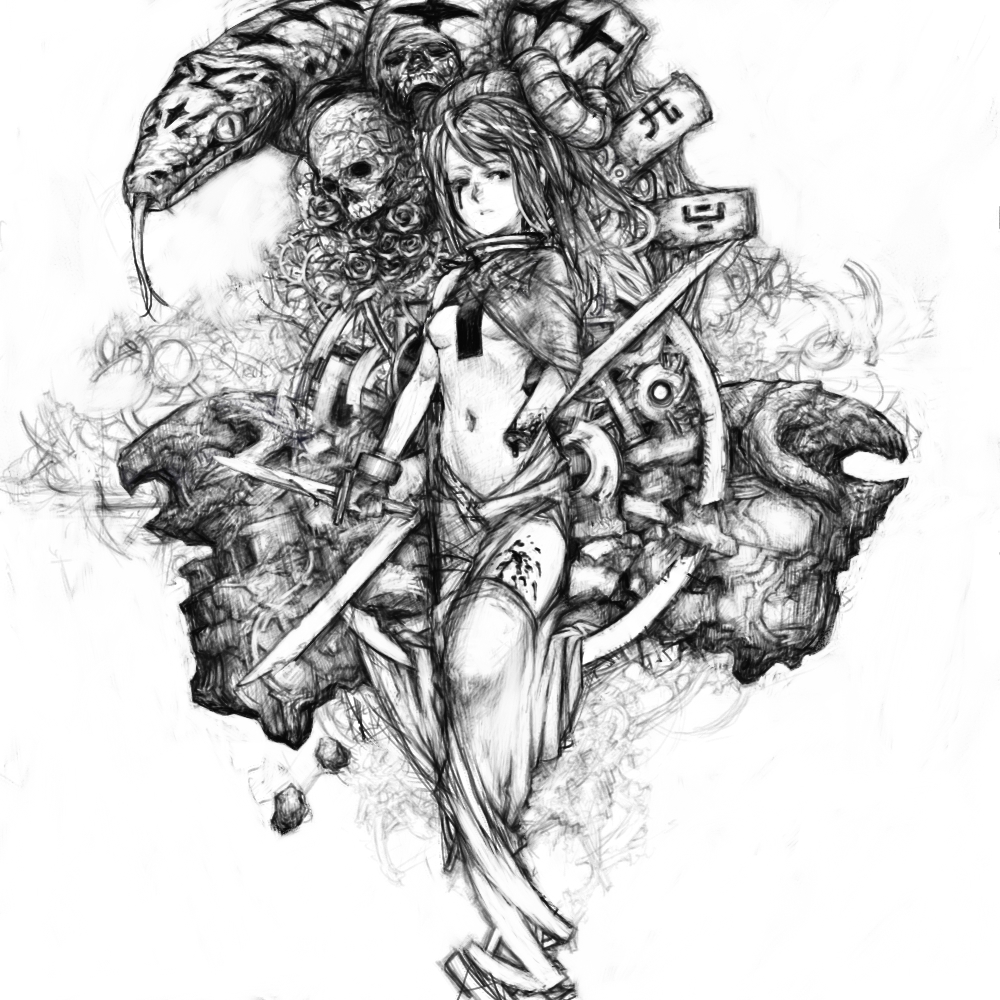 pon (tab rasa), tab rasa, tokoyo, original, 1girl, amputee, blood, breasts, female focus, freak girl, greyscale, knife, monochrome, skull, snake, solo, underboob