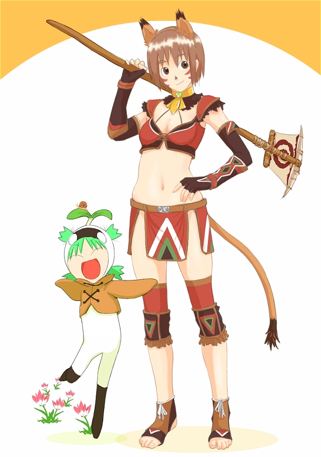 nanahime, ayase fuuka, koiwai yotsuba, mandragora (final fantasy), mithra (ff11), final fantasy, final fantasy xi, yotsubato!, bad id, bad pixiv id, 2girls, :d, ^ ^, animal ears, brown hair, cat ears, cat tail, child, closed eyes, cosplay, costume, green hair, hand on own hip, leg up, mandragora, midriff, multiple girls, navel, open mouth, rod, short hair, simple background, smile, snail, standing, standing on one leg, tail, thick eyebrows, white background