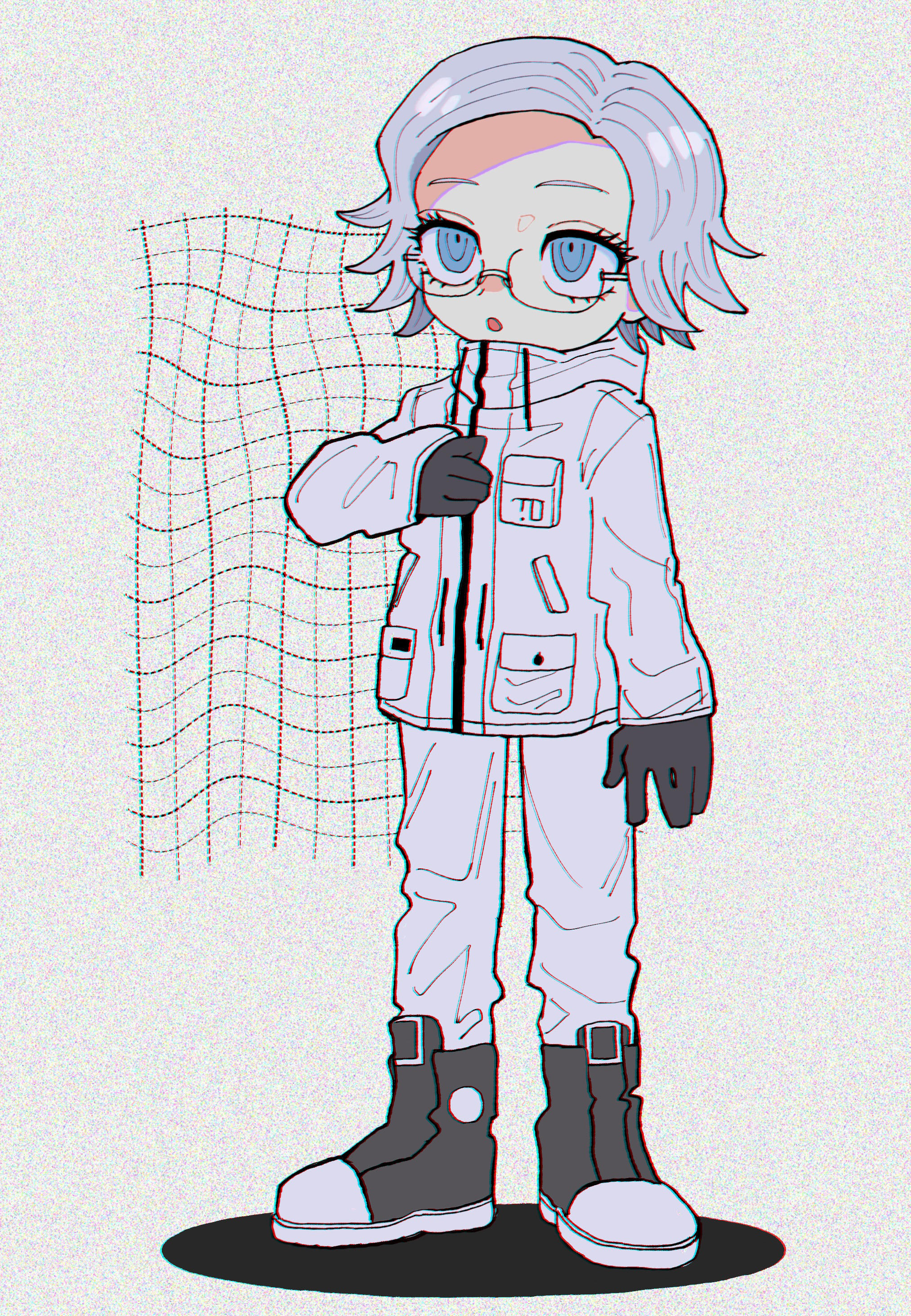 muro (nrvc5252), aotsuki eito, the hundred line -last defense academy-, absurdres, highres, 1boy, :o, black gloves, black shoes, blue eyes, breast pocket, chromatic aberration, deformed, film grain, glasses, gloves, grey background, grey hair, hand on own chest, jacket, looking up, male focus, pants, pocket, shoes, short hair, solo, white jacket, white pants