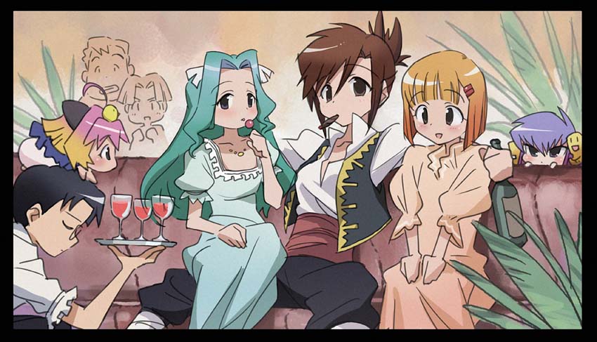 kikuchi, kikuchi (xpoz), guchuko, kasugano nene, moriyama sunao, natsu mikan, potemayo (character), takamimori kyo, takamimori kyou, potemayo, bad id, bad pixiv id, 00s, 3boys, 5girls, alcohol, couch, drink, everyone, glass, multiple boys, multiple girls, sake, sitting, waiter, wine