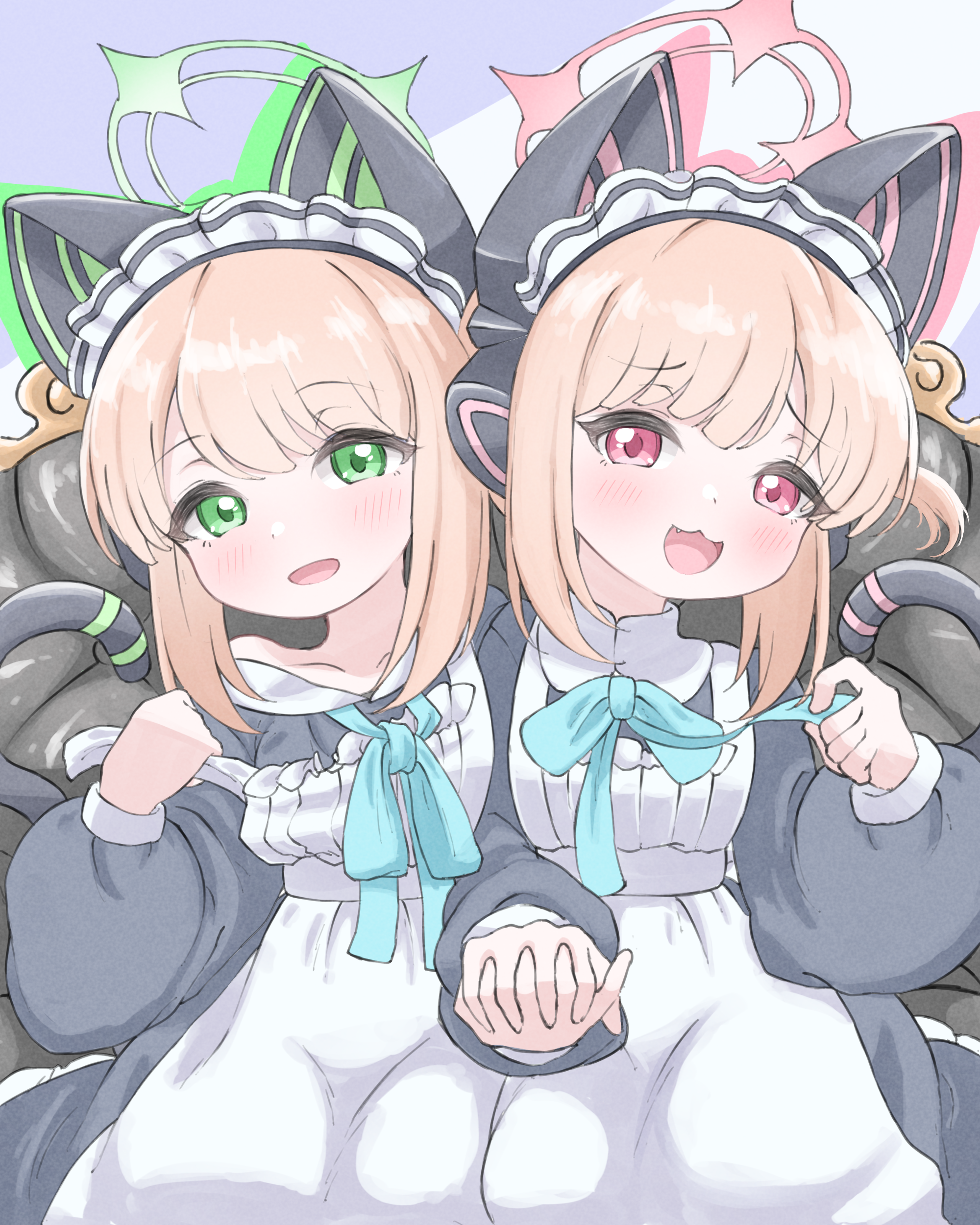 norippe (user zgsf8872), midori (blue archive), midori (maid) (blue archive), momoi (blue archive), momoi (maid) (blue archive), blue archive, absurdres, commentary request, highres, 2girls, :d, animal ear headphones, animal ears, apron, blue background, blue bow, blush, bow, couch, dress, fake animal ears, frilled apron, frills, green eyes, grey background, grey dress, halo, headphones, holding hands, interlocked fingers, long sleeves, looking at viewer, maid, maid apron, maid headdress, multiple girls, off shoulder, on couch, open mouth, puffy long sleeves, puffy sleeves, red eyes, siblings, sisters, smile, tail, twins, two-tone background, white apron