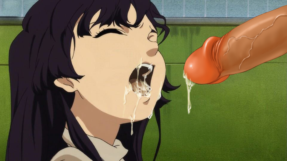 kuhouin murasaki, kurenai, screencap, third-party edit, 00s, black hair, bubble, closed eyes, cum, cum in mouth, long hair, penis, uncensored