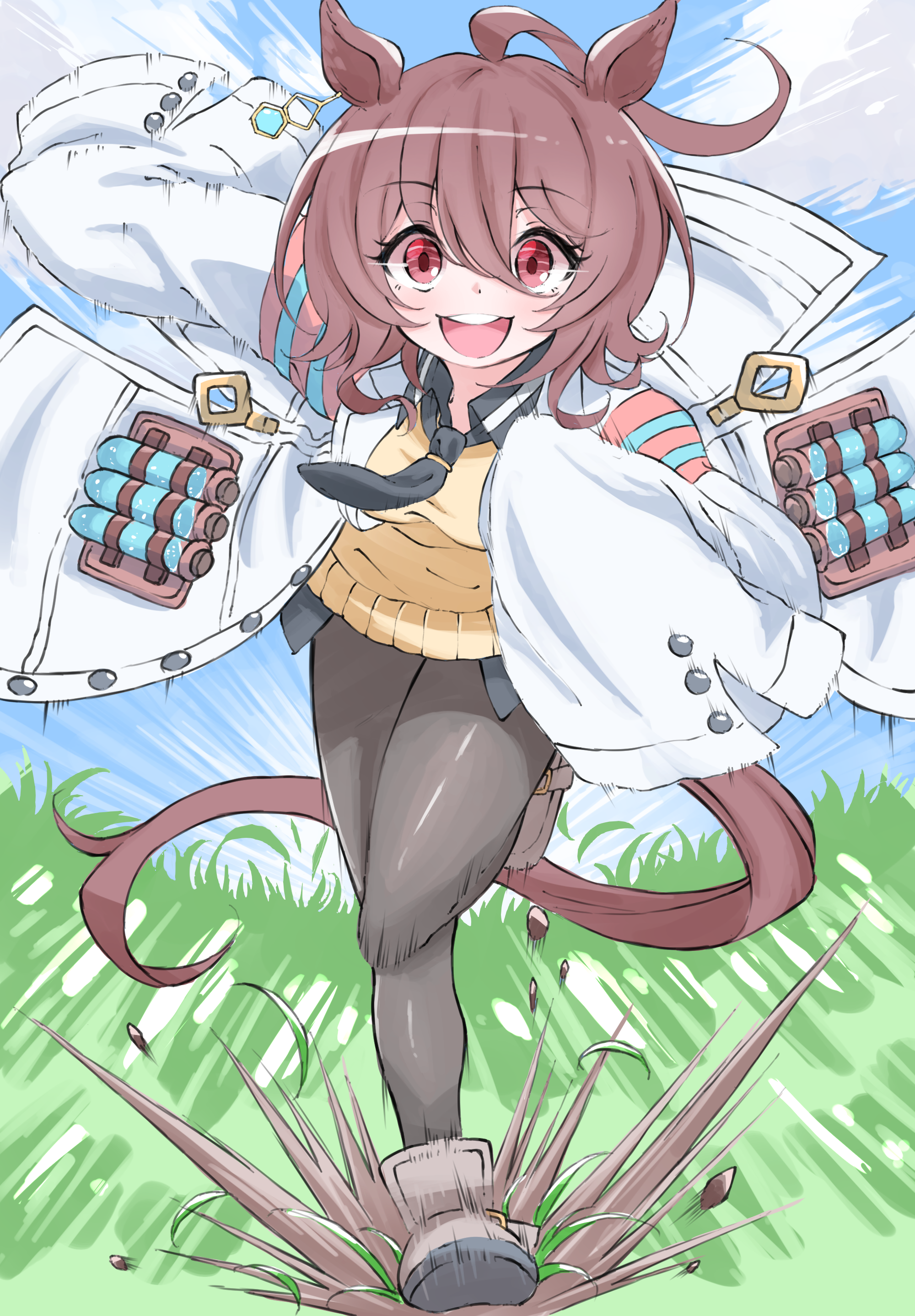 norippe (user zgsf8872), agnes tachyon (tach-nology) (umamusume), agnes tachyon (umamusume), umamusume, absurdres, commentary request, highres, 1girl, :d, ahoge, animal ears, black necktie, black pantyhose, black shirt, blue sky, blush, brown hair, brown shoes, cloud, collared shirt, day, grass, hair between eyes, horse ears, horse girl, horse tail, lab coat, long sleeves, looking at viewer, necktie, open clothes, open mouth, outdoors, pantyhose, red eyes, running, shirt, shoes, sky, sleeves past fingers, sleeves past wrists, smile, solo, sweater vest, tail, teeth, upper teeth only, vial