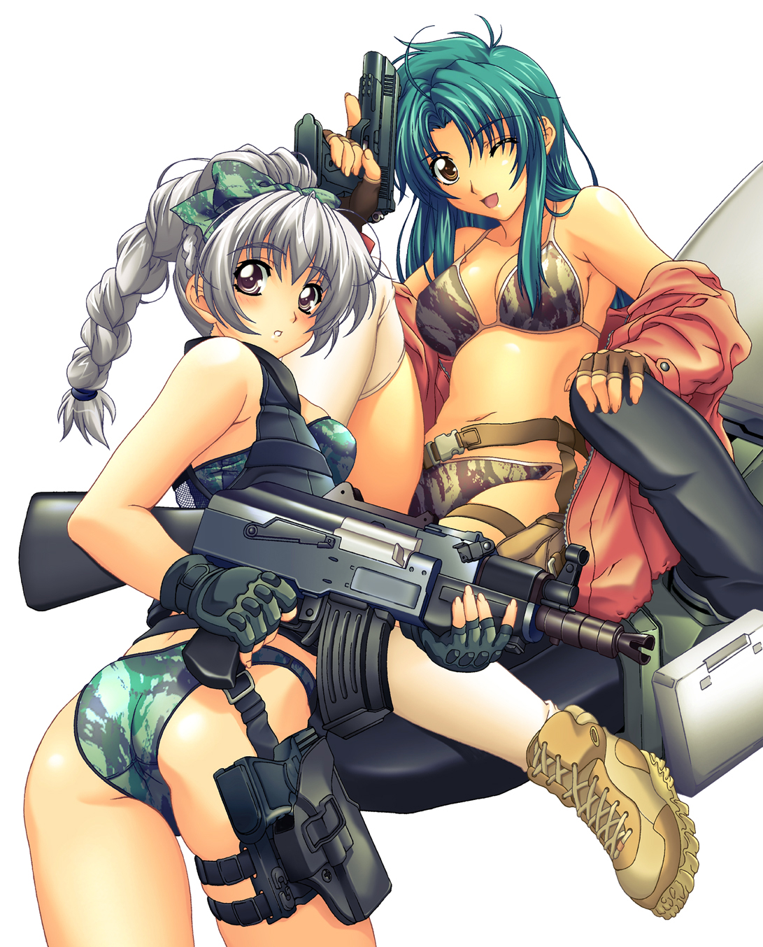 nagayori, chidori kaname, teletha testarossa, full metal panic!, silver hair, white legwear, highres, 00s, 2girls, aks-74u, ass, assault rifle, back, bikini, blush, bow, braid, brown eyes, buckle, camouflage, camouflage bikini, finger on trigger, gloves, green hair, gun, hair bow, hair ribbon, handgun, holster, kalashnikov rifle, long hair, multiple girls, one eye closed, pistol, ribbon, rifle, snap-fit buckle, swimsuit, thigh holster, thighhighs, trigger discipline, weapon, wink