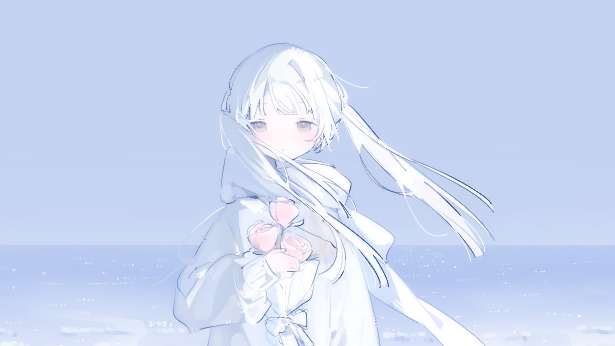 oyuki. (yukiiii saka), original, highres, 1girl, blue background, blush, bouquet, closed mouth, expressionless, floating hair, flower, grey eyes, holding, holding bouquet, hood, hood down, hoodie, long hair, long sleeves, looking at viewer, ocean, outdoors, pink flower, pink rose, rose, solo, tareme, twintails, upper body, very long hair, white hair, white hoodie