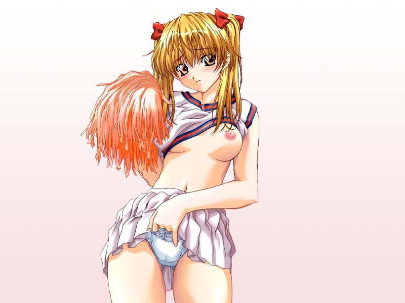 sawachika eri, school rumble, jpeg artifacts, 00s, 1girl, blonde hair, blush, breast slip, breasts, cheerleader, clothes lift, female focus, frilled panties, frills, lifting own clothes, medium breasts, nipples, no bra, one breast out, panties, pink eyes, pom pom (cheerleading), shirt lift, skirt, skirt lift, solo, twintails, underwear