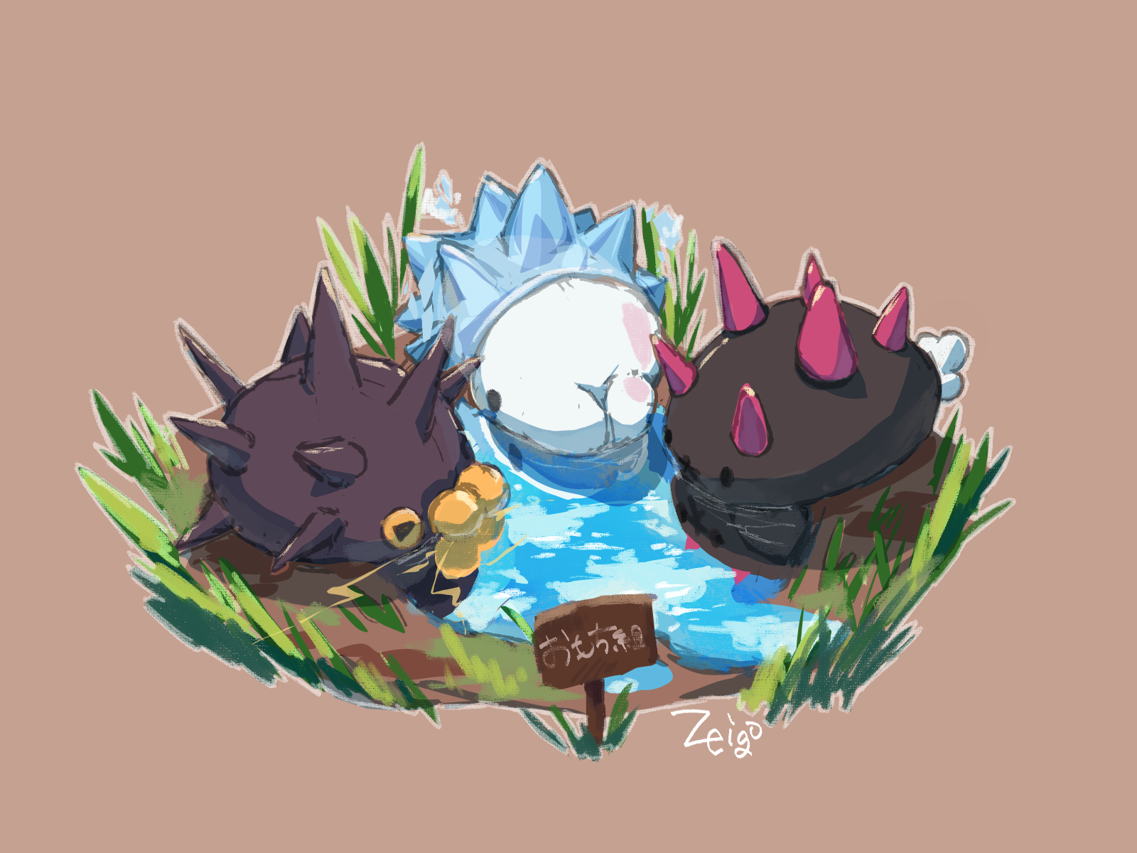 user fsuk7474, pincurchin, pyukumuku, snom, nintendo, pokemon, commentary request, highres, translation request, animal focus, electricity, gen 7 pokemon, gen 8 pokemon, grass, no humans, outline, pokemon (creature), pokemon focus, puddle, reflection, reflective water, sign, simple background, spikes, water, white outline
