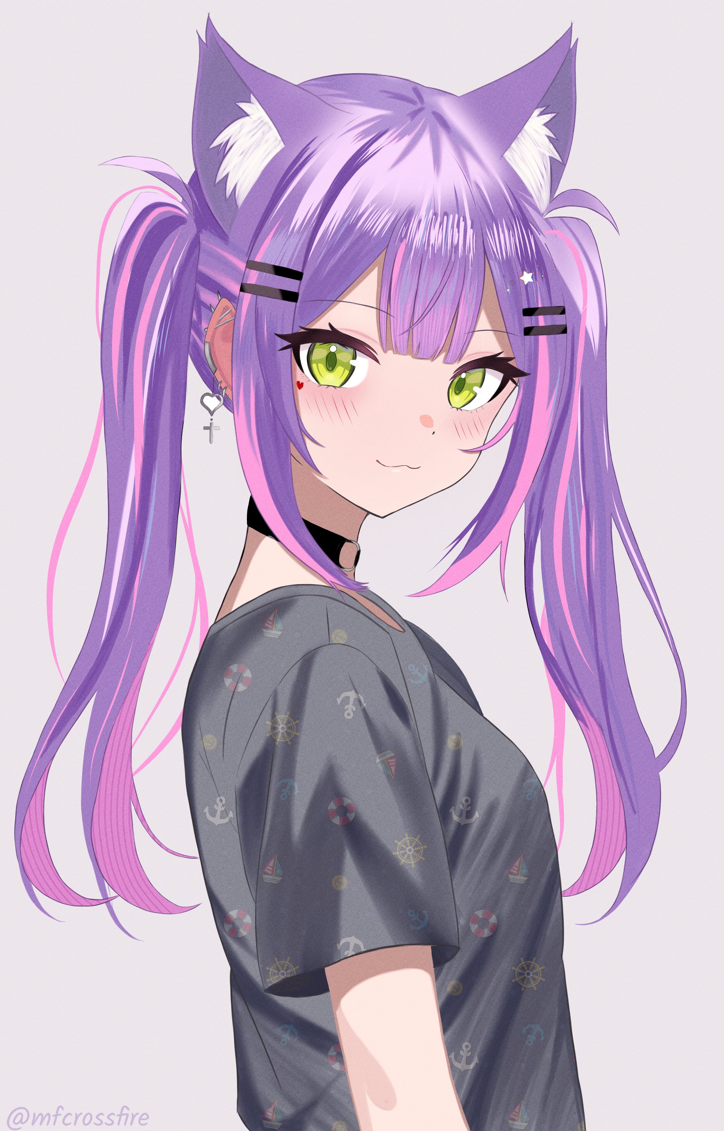 mfcrossfire, tokoyami towa, hololive, absurdres, highres, 1girl, animal ears, cat ears, center-flap bangs, colored inner hair, demon girl, ear piercing, earrings, green eyes, hair ornament, hairclip, jewelry, long hair, multicolored hair, multiple rings, piercing, pink hair, pointy ears, purple hair, ring, smile, solo, twintails