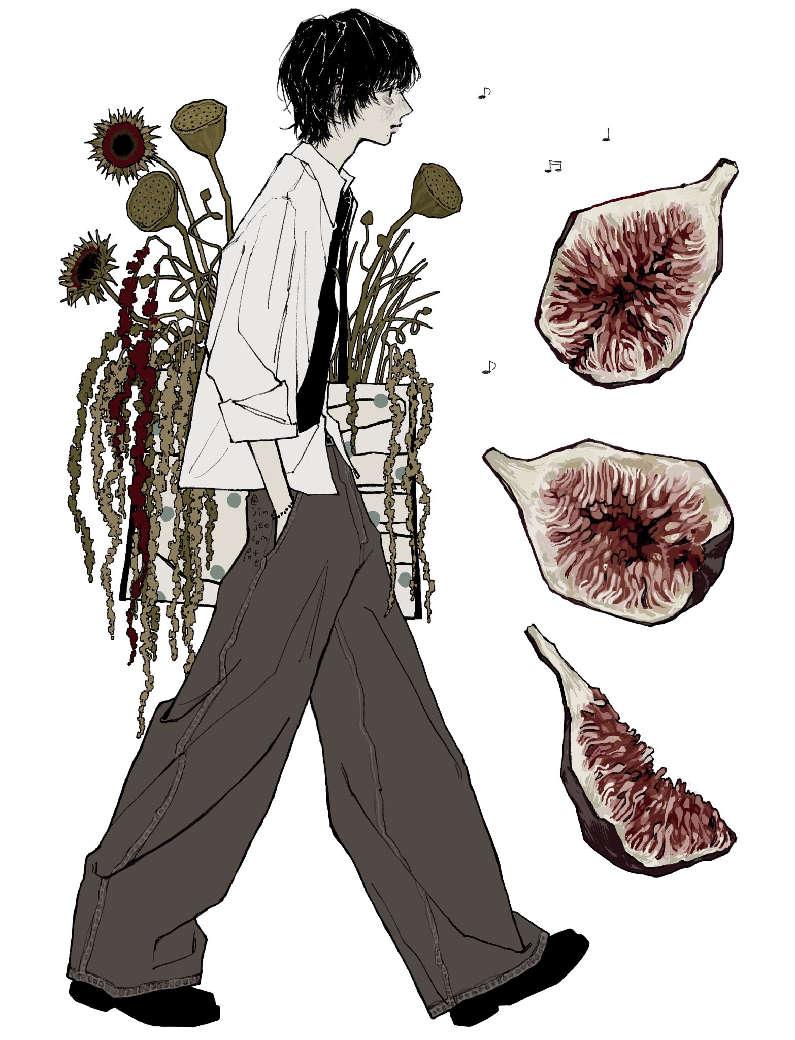 original, commentary, highres, symbol-only commentary, 1boy, bags under eyes, black eyes, black hair, black necktie, black shoes, bracelet, brown pants, closed mouth, collared shirt, flower, food, from side, fruit, fruit request, full body, jewelry, jinjeocompote, male focus, mole, mole under mouth, musical note, necktie, pants, shirt, shoes, short hair, sleeves rolled up, solo, sunflower, twitter username, untucked shirt, walking, white shirt