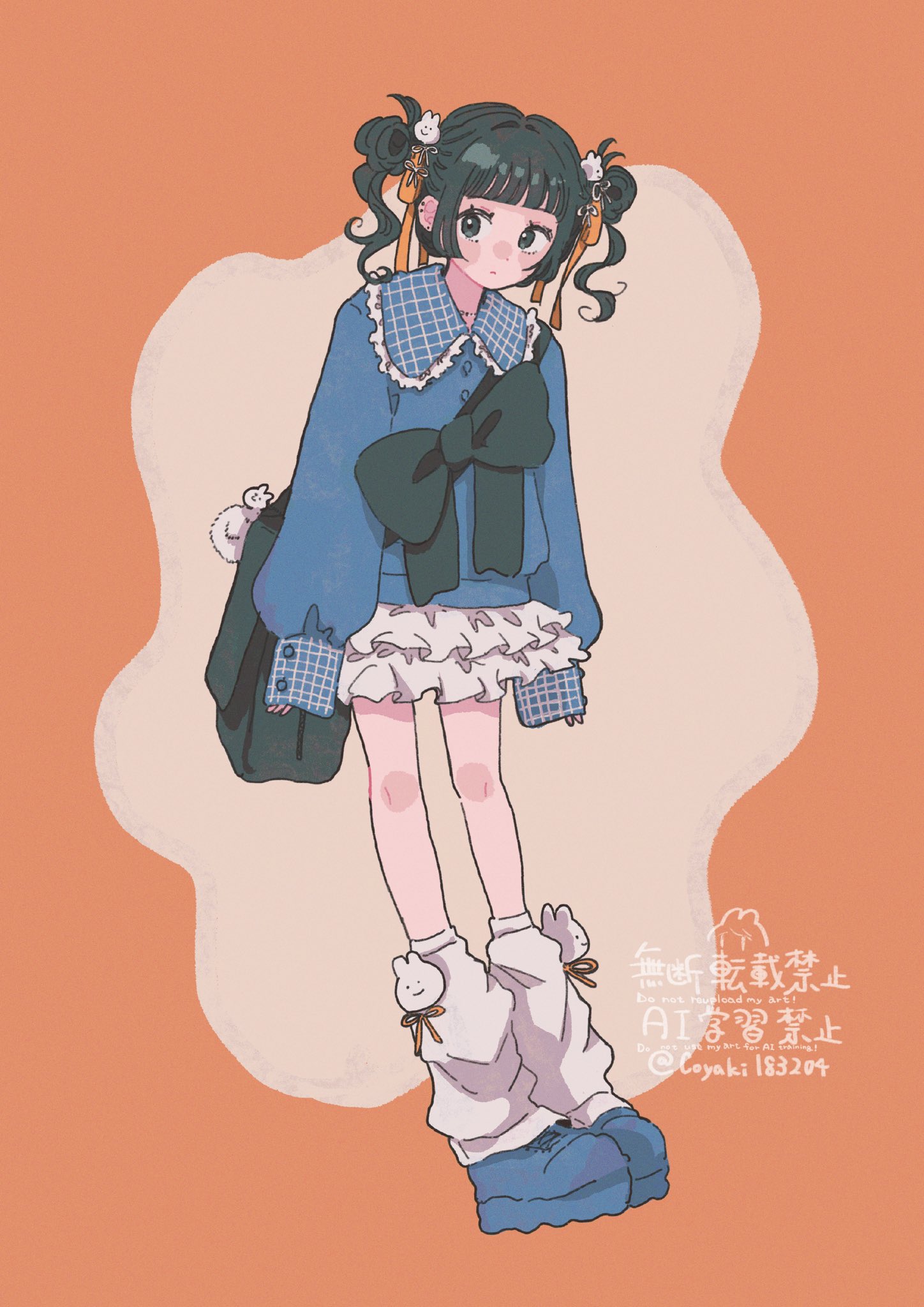 coyagi, original, commentary, highres, symbol-only commentary, 1girl, black bag, black bow, black eyes, black hair, blue shirt, blue shoes, bow, buttons, closed mouth, collared shirt, film grain, frown, full body, hair ornament, hair ribbon, layered skirt, leg warmers, long sleeves, miniskirt, orange background, orange ribbon, rabbit hair ornament, ribbon, shirt, shoes, skirt, sleeves past wrists, solo, twintails, watermark, white leg warmers, white ribbon, white skirt
