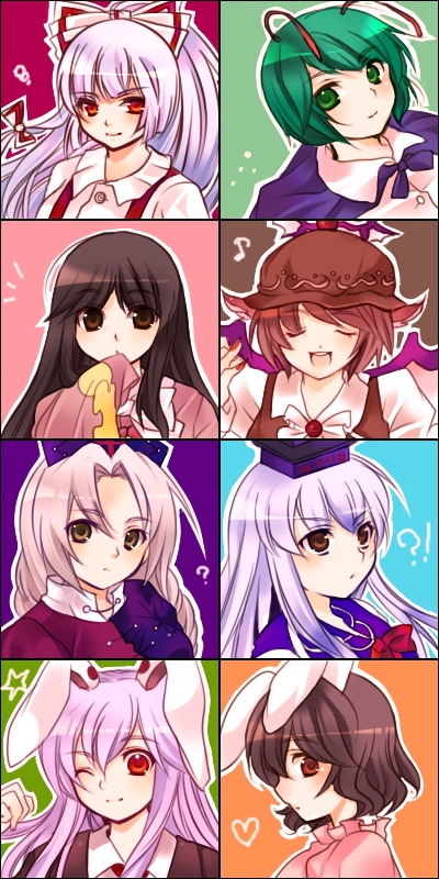 n-mix, fujiwara no mokou, houraisan kaguya, inaba tewi, kamishirasawa keine, mystia lorelei, reisen udongein inaba, wriggle nightbug, yagokoro eirin, touhou, silver hair, bad id, bad pixiv id, !?, 6+girls, ?, animal ears, antennae, blue hair, bow, brown eyes, brown hair, cape, closed eyes, everyone, female focus, green eyes, green hair, hair bow, hair ribbon, heart, japanese clothes, long hair, multiple girls, musical note, quaver, rabbit ears, red eyes, ribbon, star (symbol), wings, yellow eyes